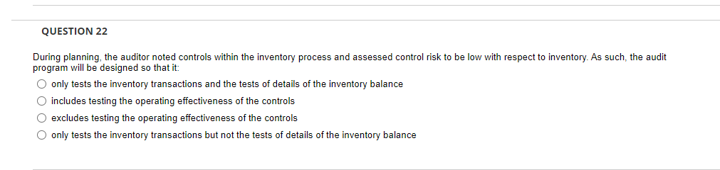 QUESTION 22 During planning, the auditor noted controls within the inventory