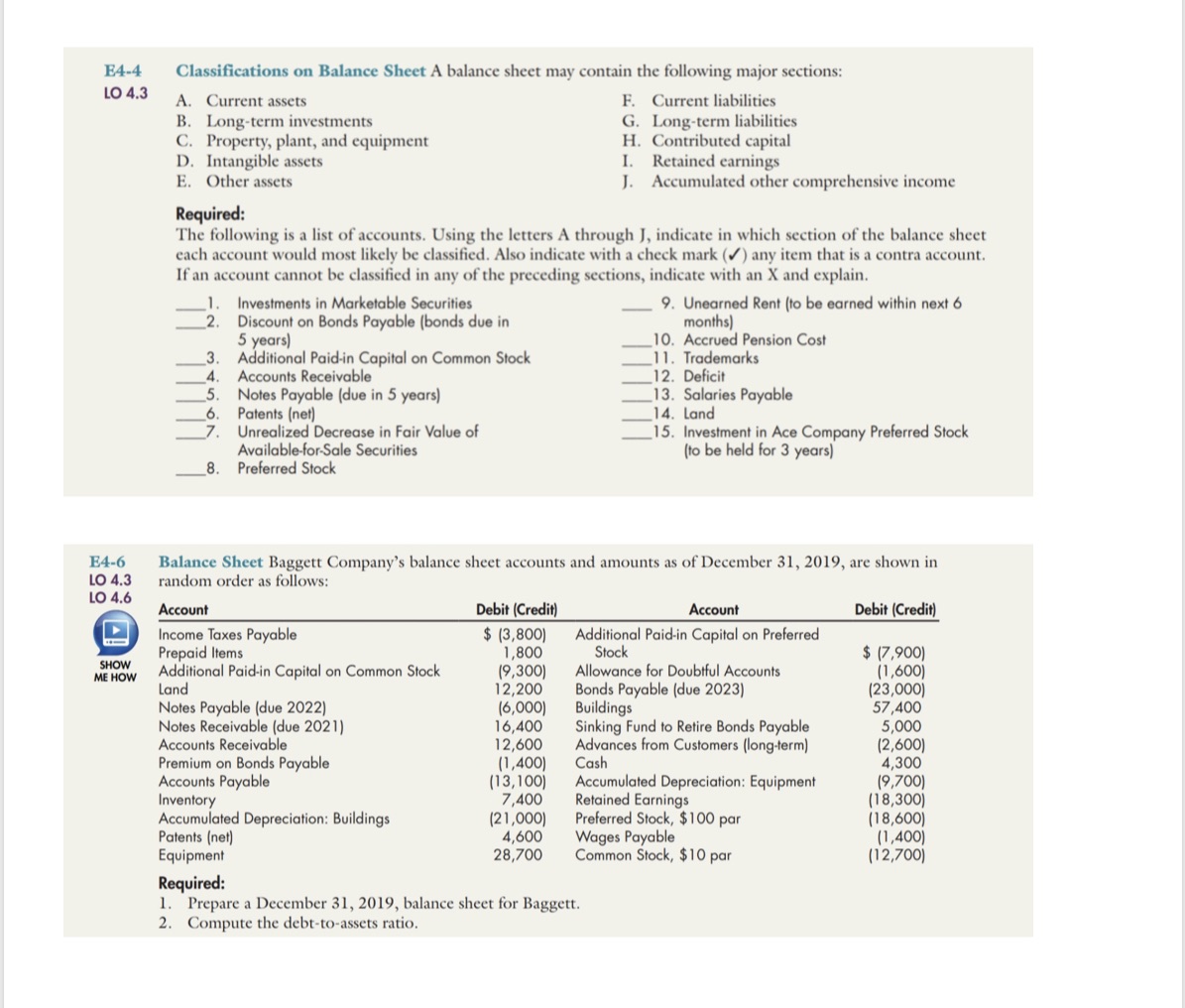 E4-4 Classifications on Balance Sheet A balance sheet may contain the