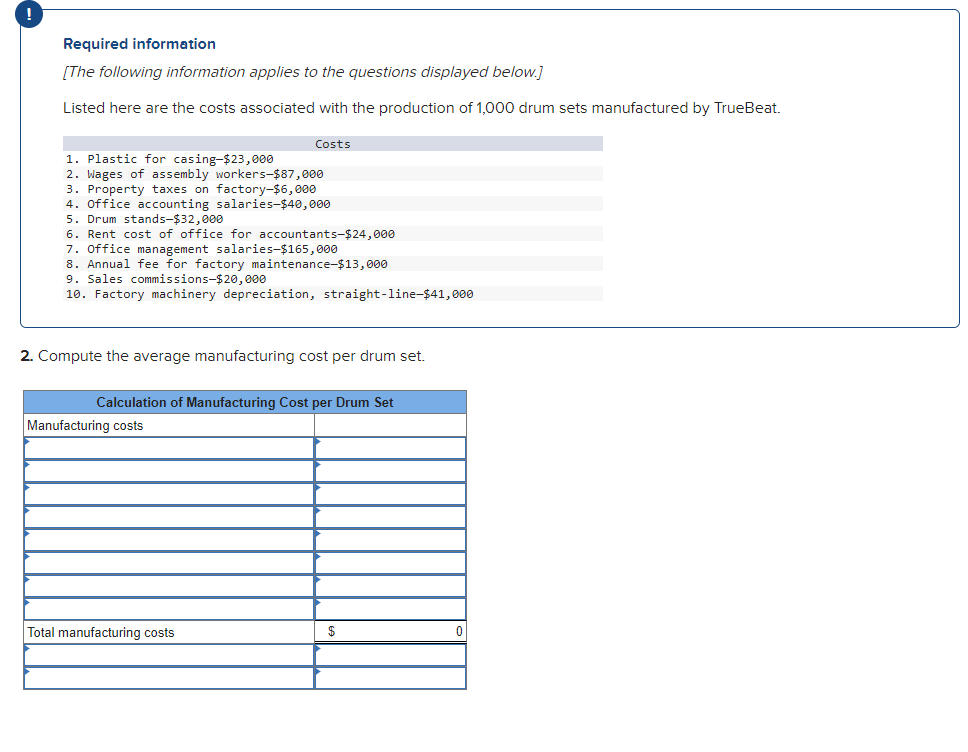 information applies to the questions displayed below.] Listed here are the costs