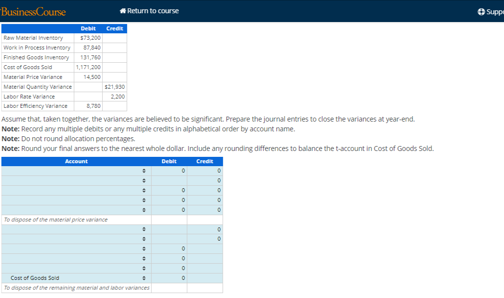  BusinessCourse # Return to course @ Supp Debit Credit Raw Material