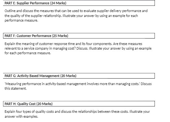  PART E: Supplier Performance (24 Marks) Outline and discuss the measures