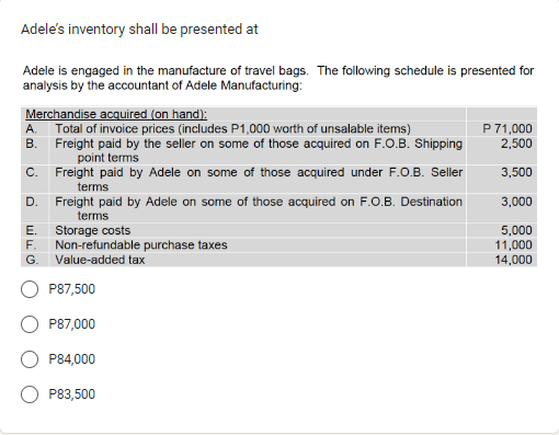  Adele's inventory shall be presented at Adele is engaged in the