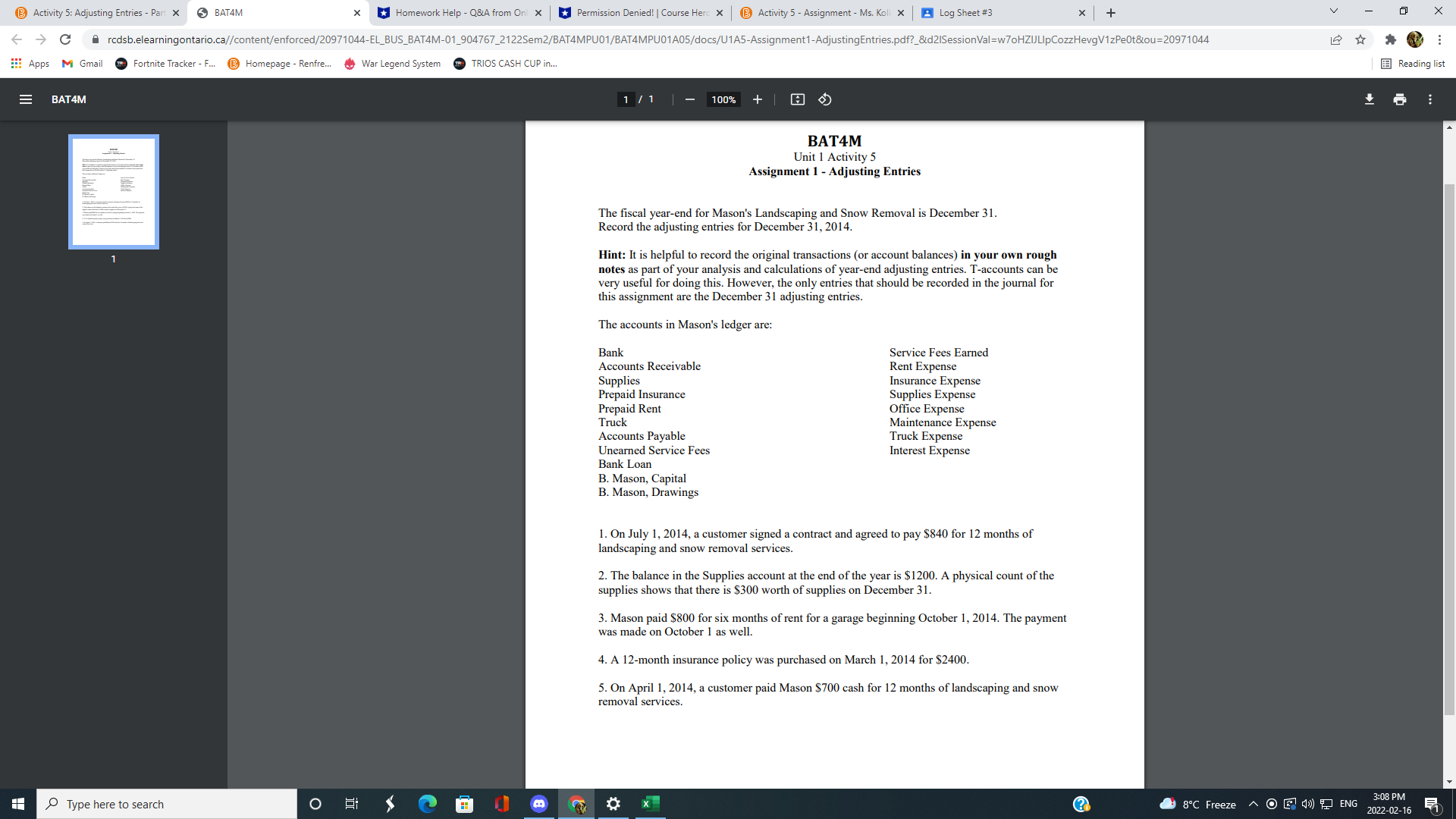  Activity 5: Adjusting Entries - Part X 3 BAT4M * *Homework