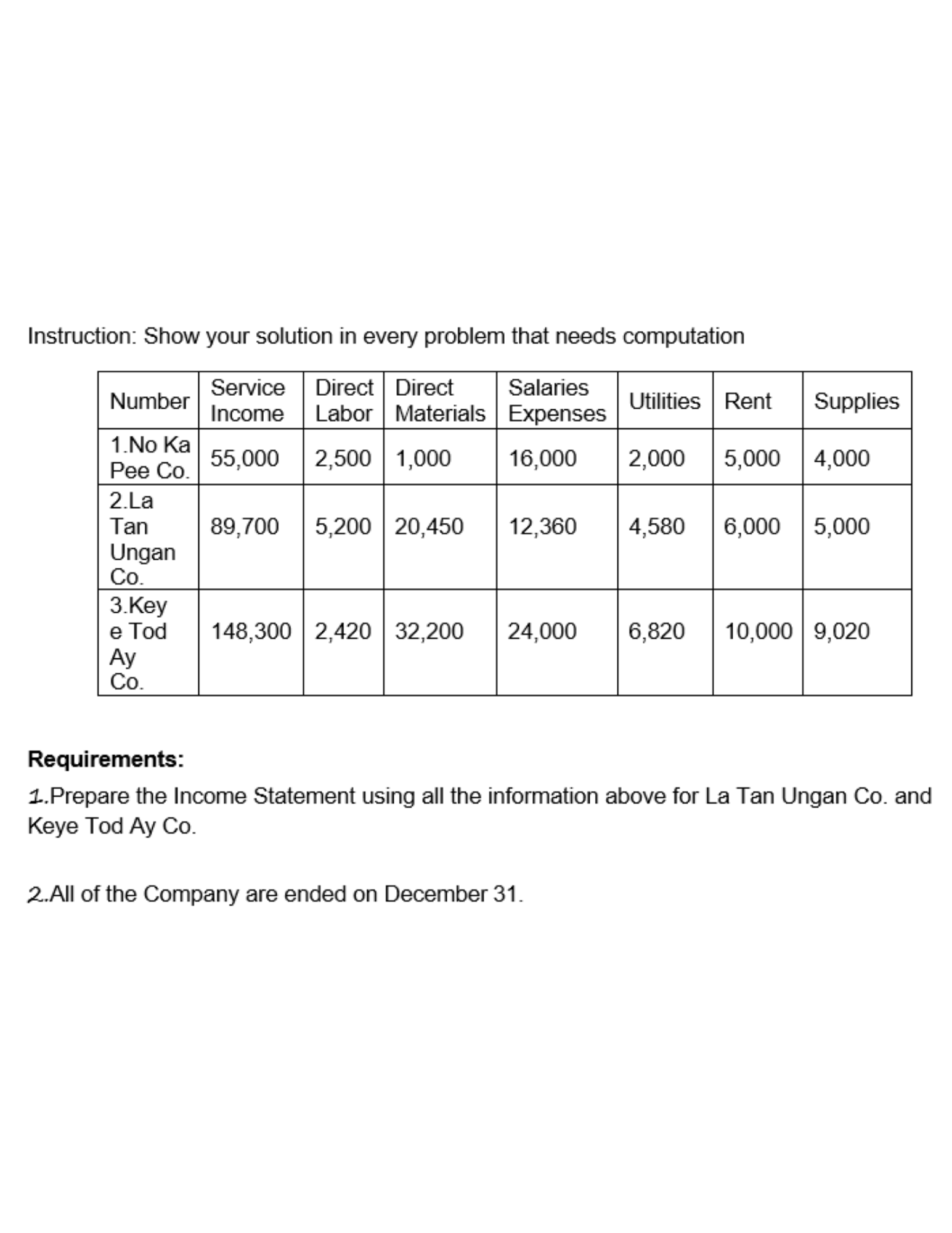 Instruction: Show your solution in every problem that needs computation Service