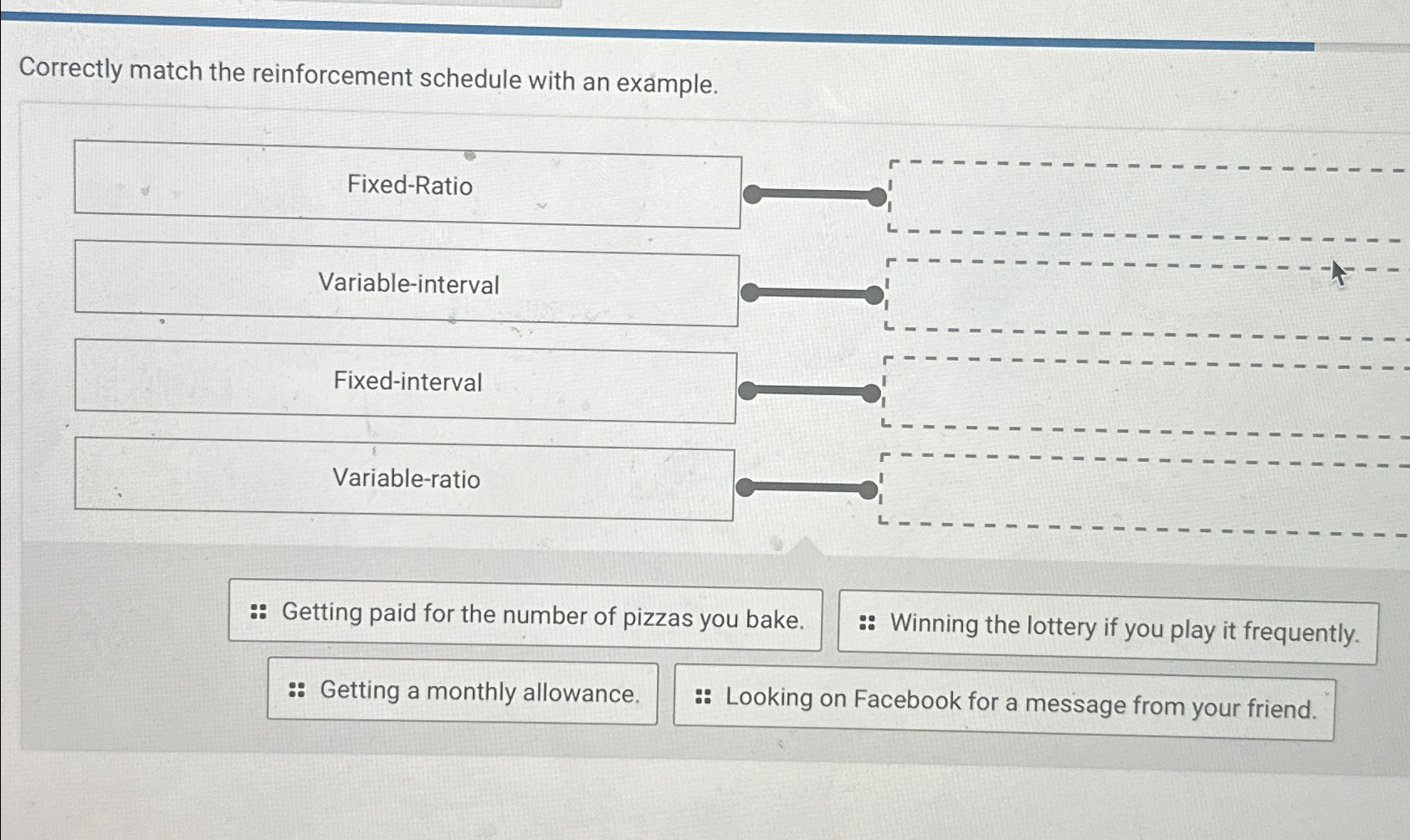  Correctly match the reinforcement schedule with an example. Fixed-Ratio :: Getting