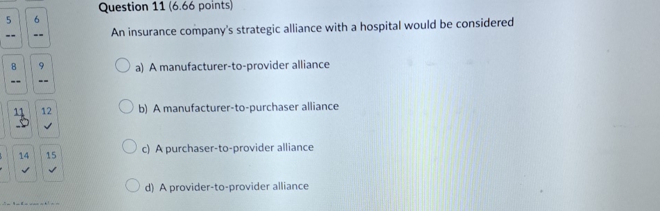  Question 11(6.66 points) An insurance company's strategic alliance with a hospital