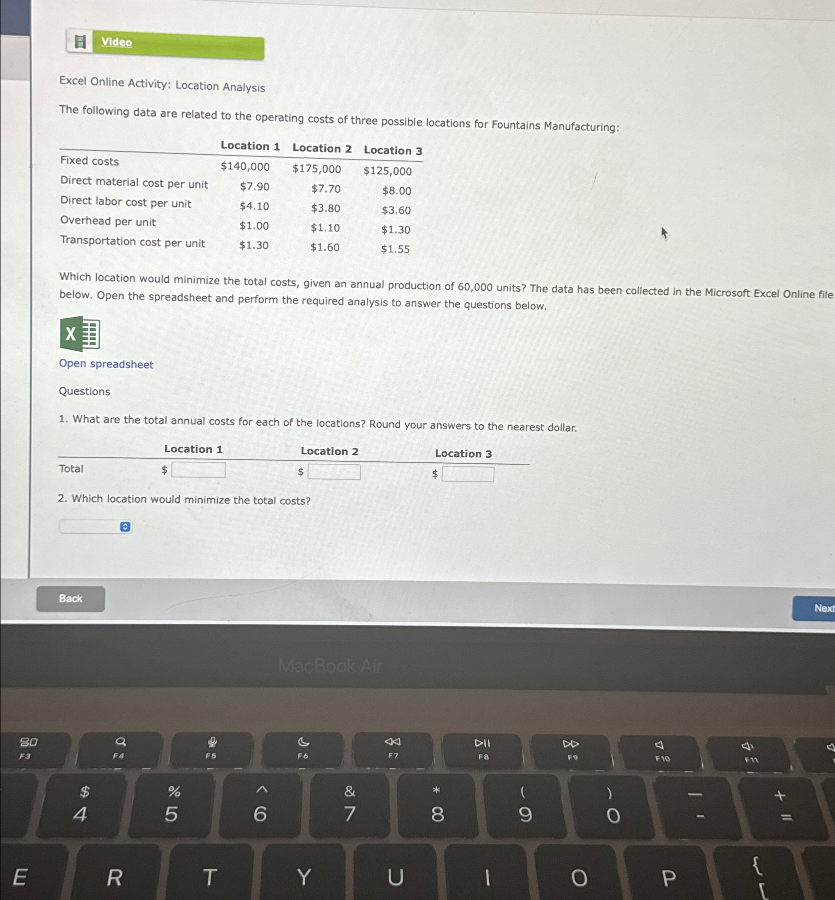  Video Excel Online Activity: Location Analysis The following data are related