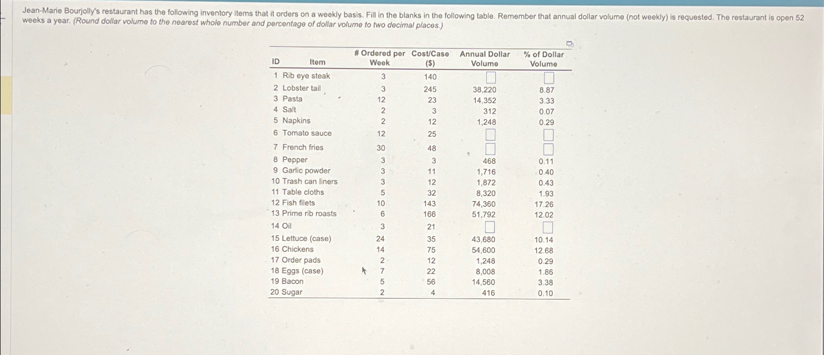  weeks a year. (Round dollar volume to the nearest whole number