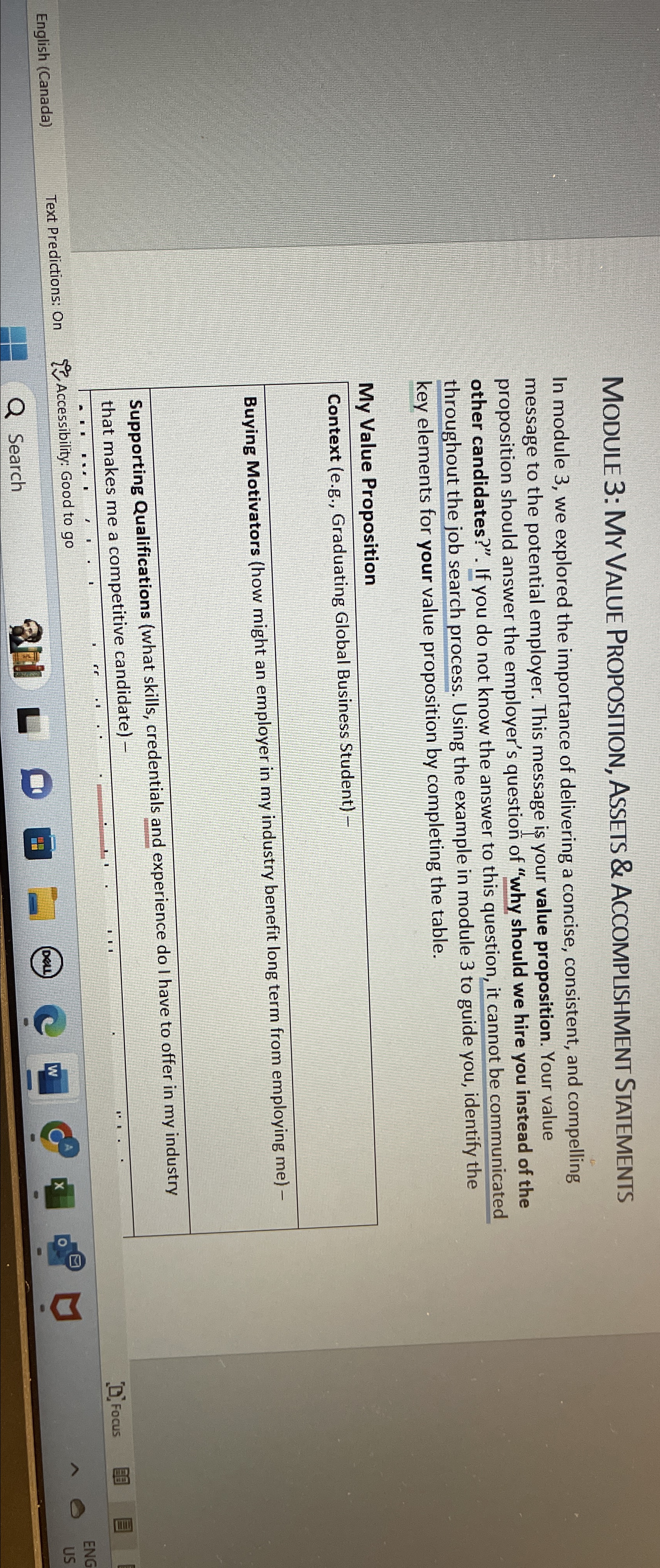  MODULE 3: My VALUE PROPOSTION, AsSEIS & ACCOMPUSHMENT STATEMENTS In module