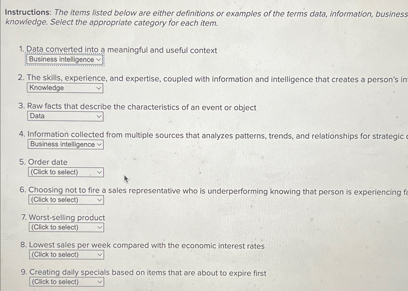  Instructions: The items listed below are either definitions or examples of