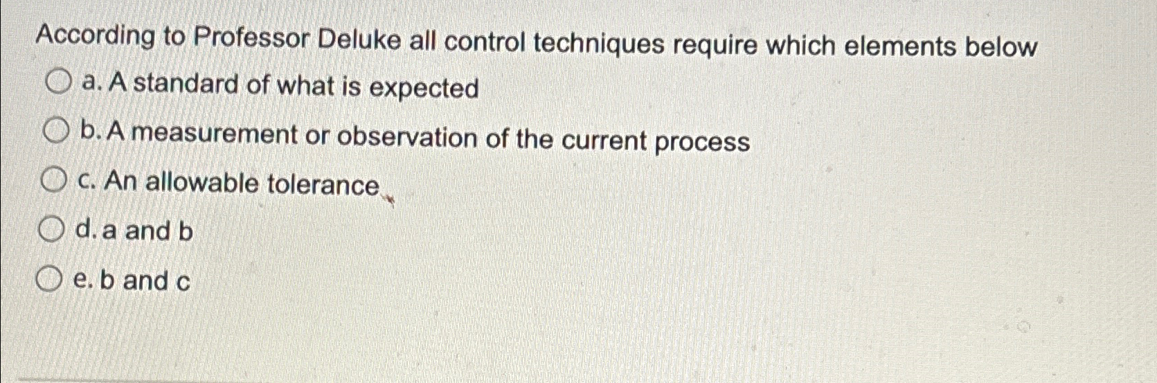  According to Professor Deluke all control techniques require which elements below