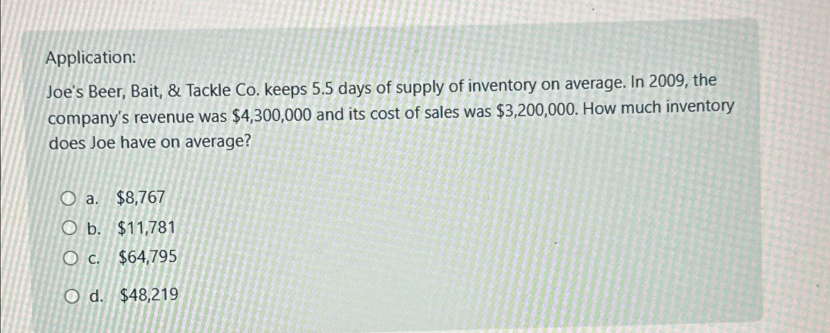  Application: Joe's Beer, Bait, & Tackle Co. keeps 5.5 days of