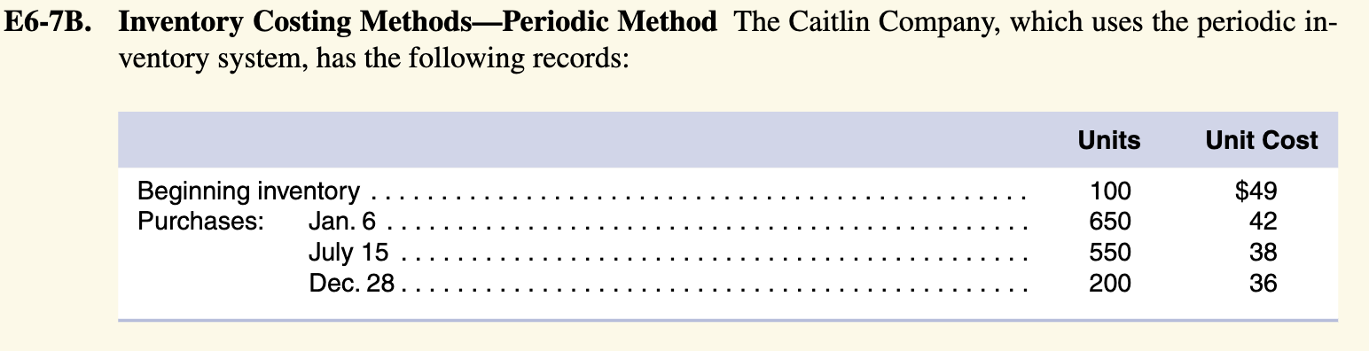  E6-7B. Inventory Costing Methods-Periodic Method The Caitlin Company, which uses the