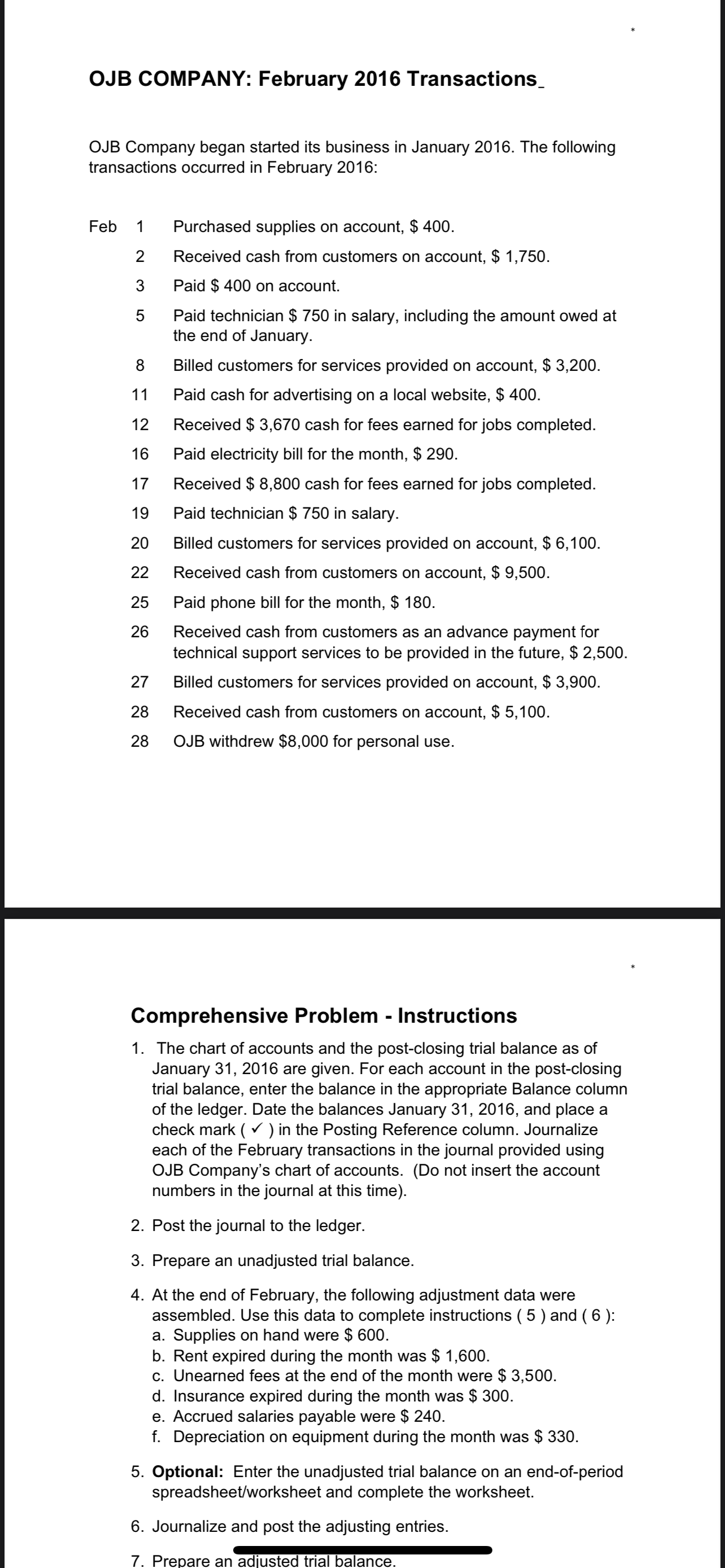 Payable 23 Unearned Fees 31 OJB, Capital 32 OJB, Drawing 41 Fees