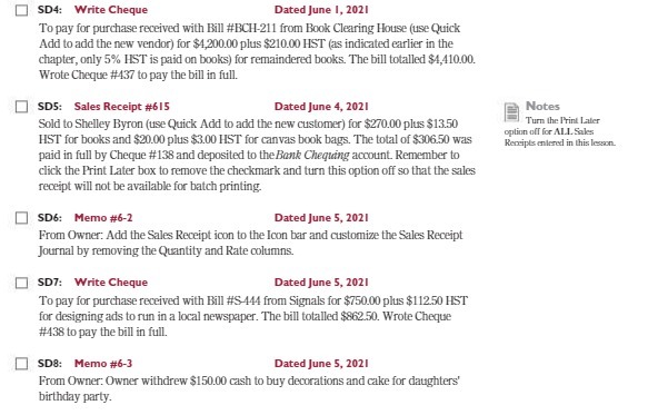  SD4: Write Cheque Dated June 1, 2021 To pay for purchase