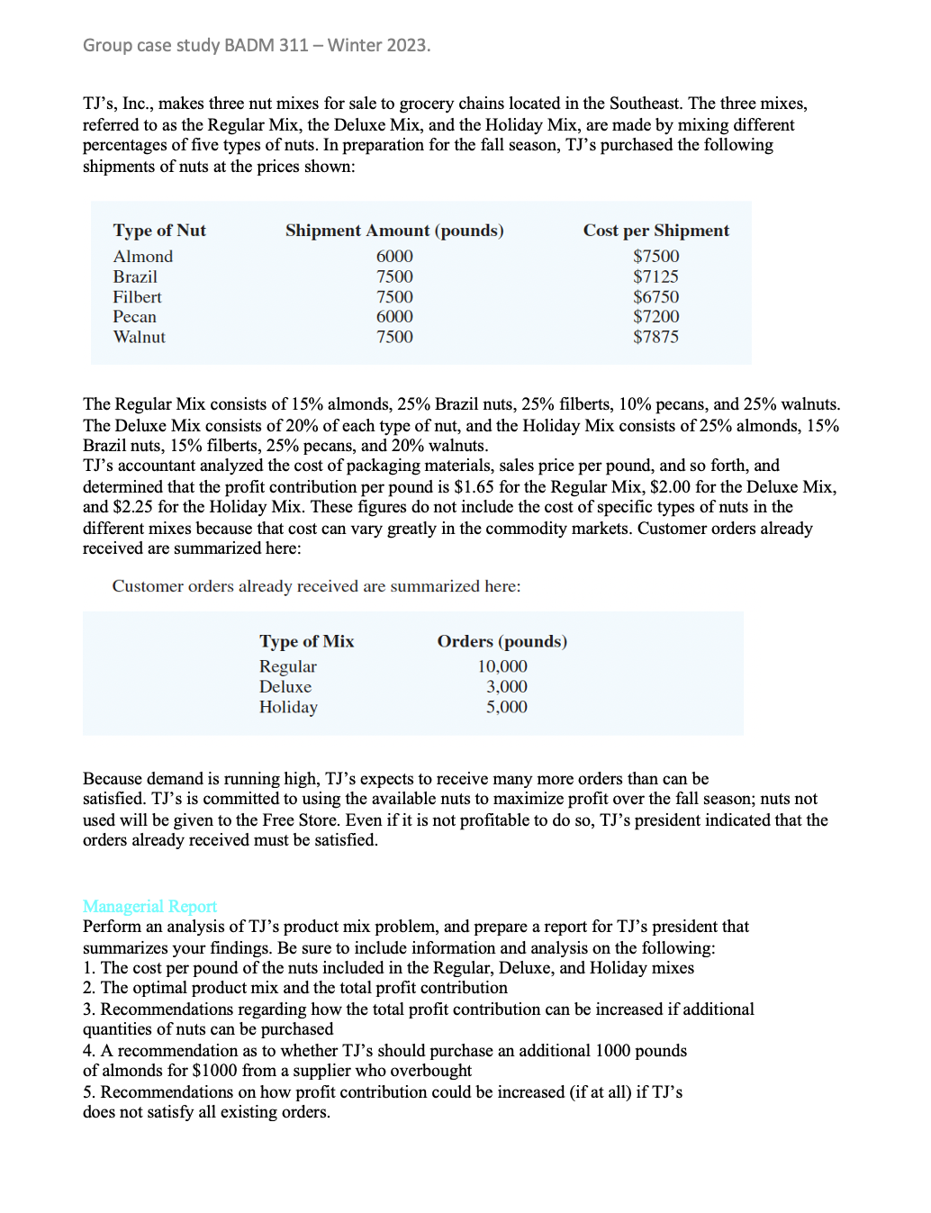  Group case study BADM 311 Winter 2023. TJ's, Inc., makes three