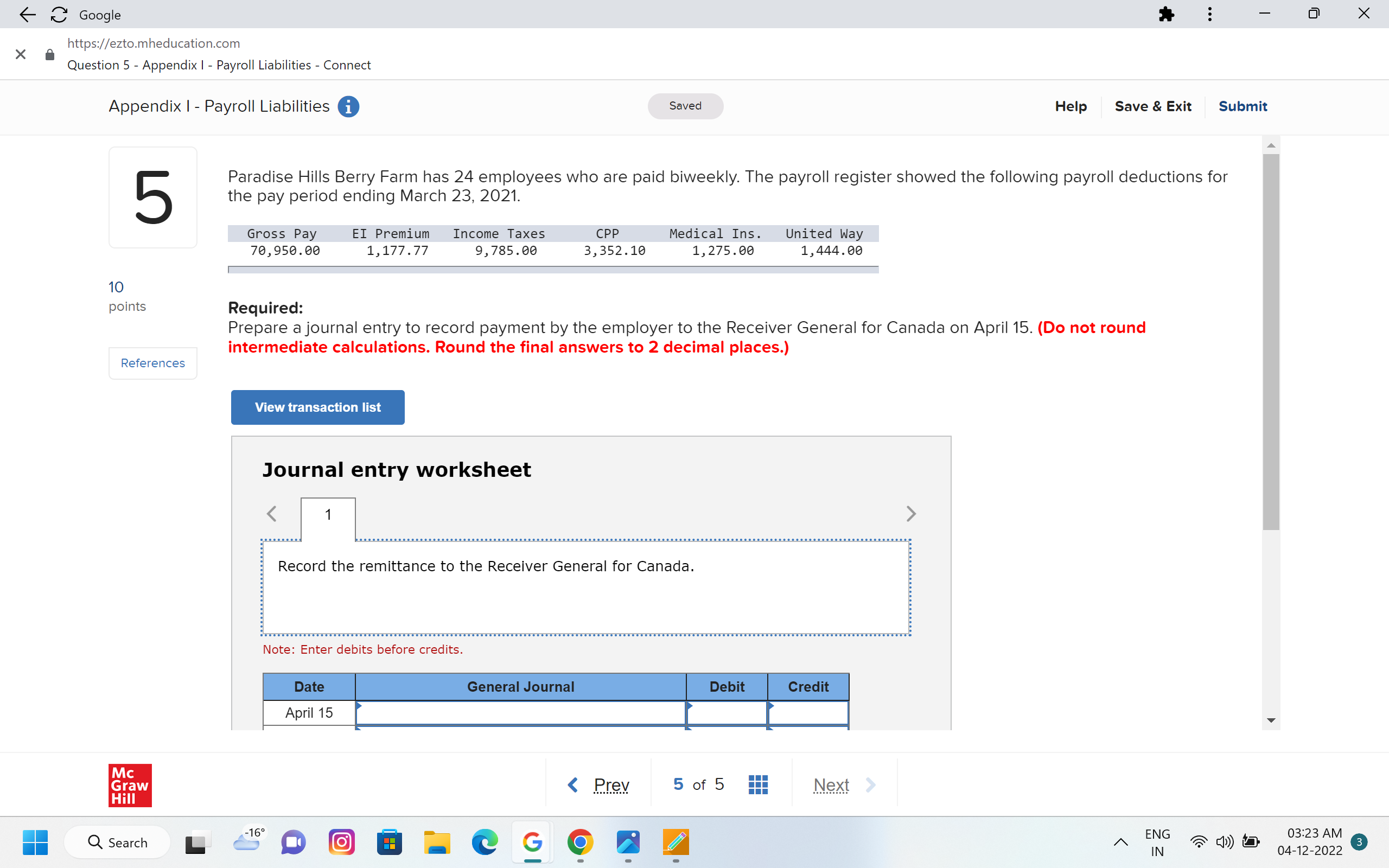 Google - X https://ezto.mheducation.com X Question 5 - Appendix I -
