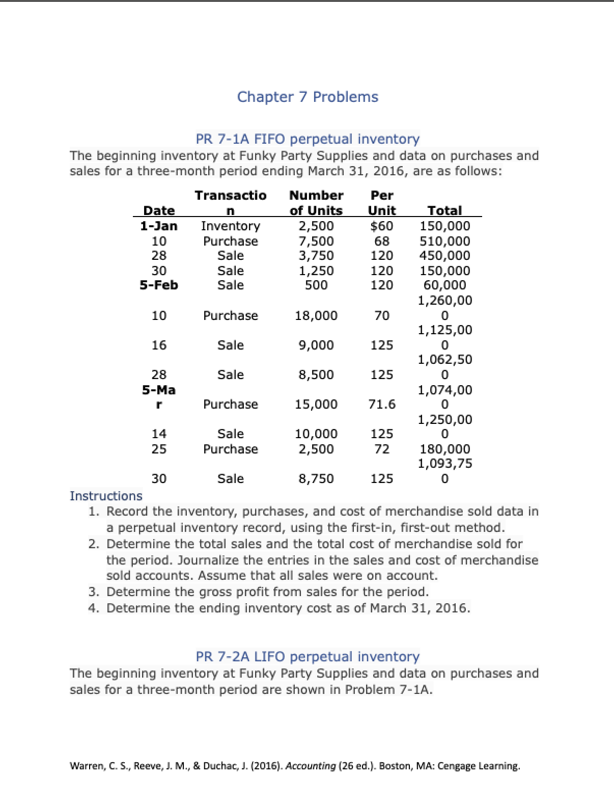 PROBLEM Chapter 7 Problems PR 7-1A FIFO perpetual inventory The beginning inventory
