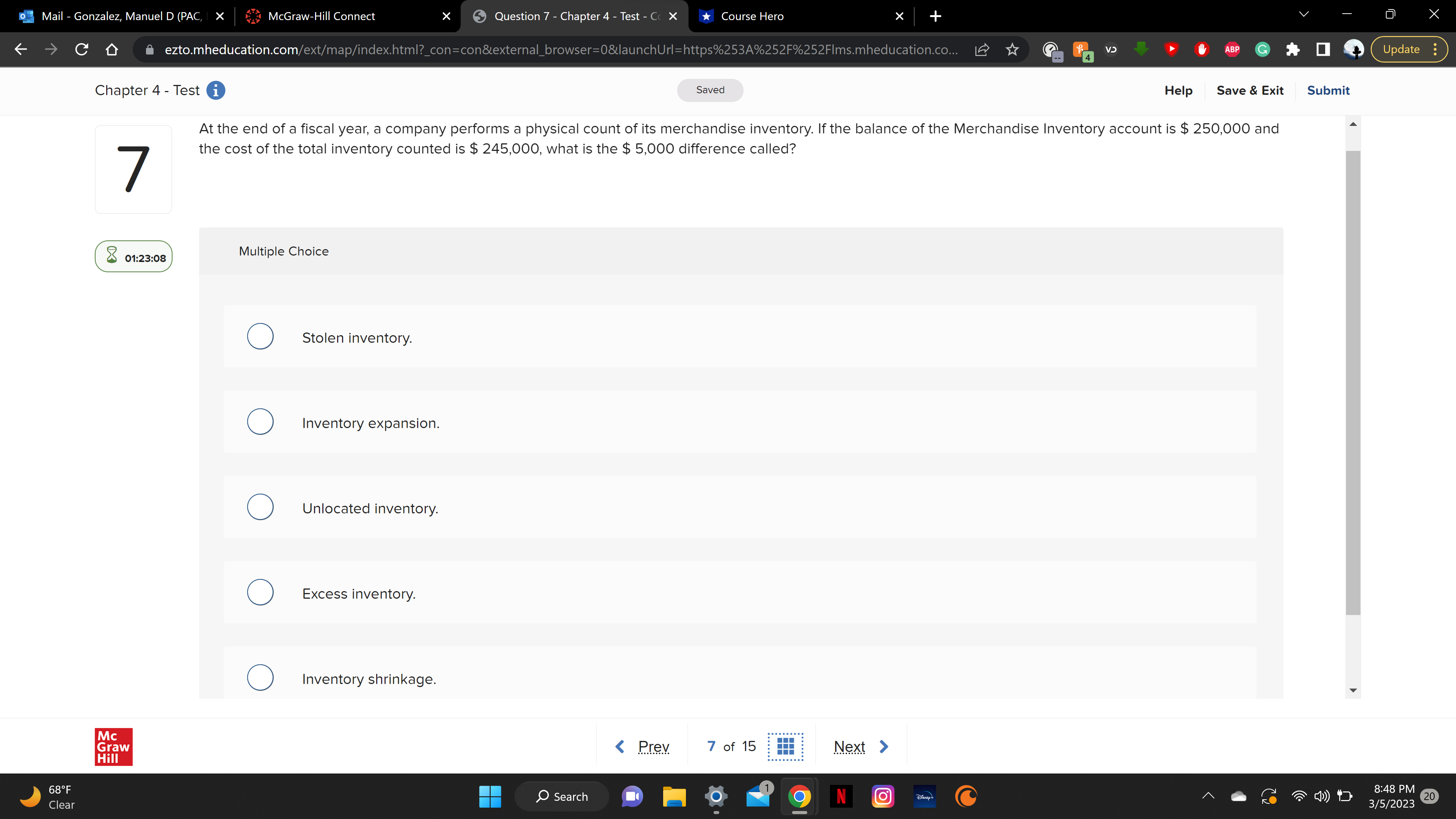  Question 7 - Chapter 4 - Test - Cc X X