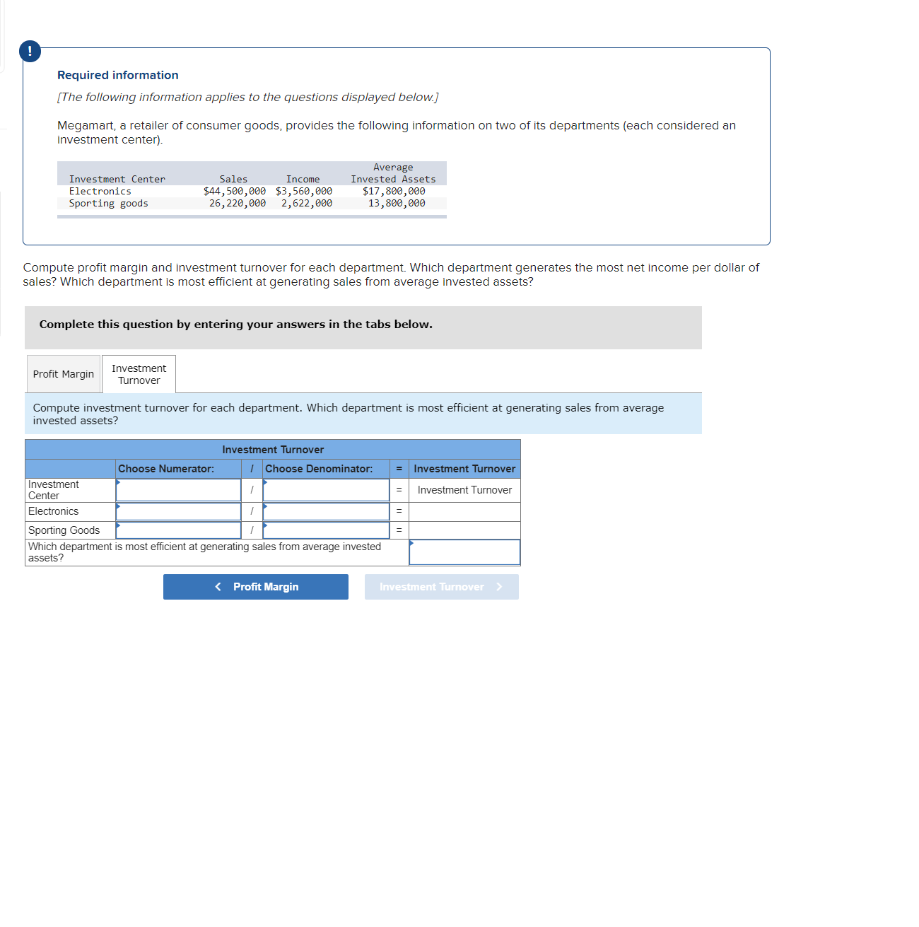 two of its departments (each considered an Investment center), Average Investment Center-