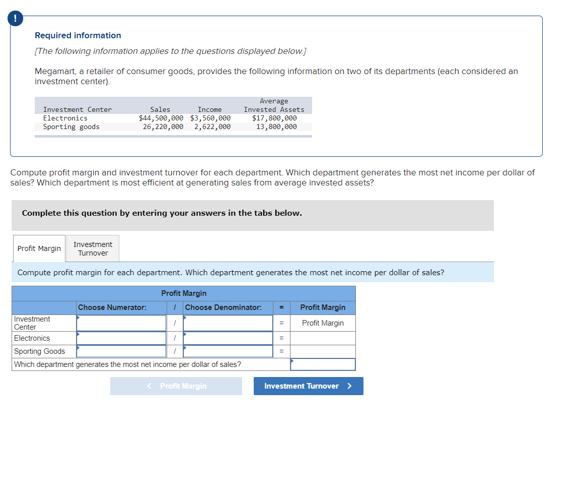 Sales Incone Invested Assets Electronics $44,533,333 $3,563,333 $17,333,333 Sporting goods 25,223,333 2,622,333