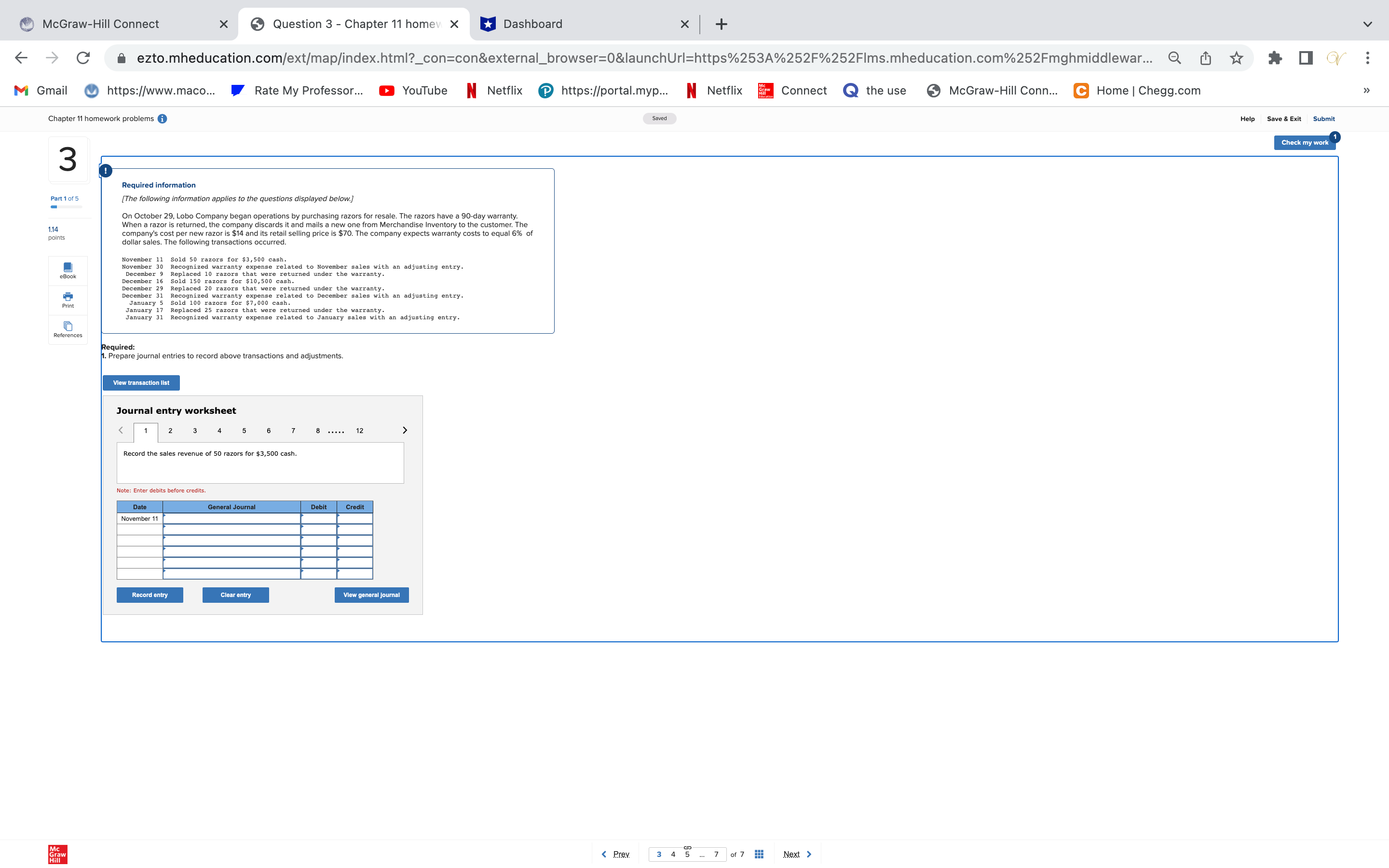 McGraw-Hill Connect X Question 3 - Chapter 11 home X Dashboard