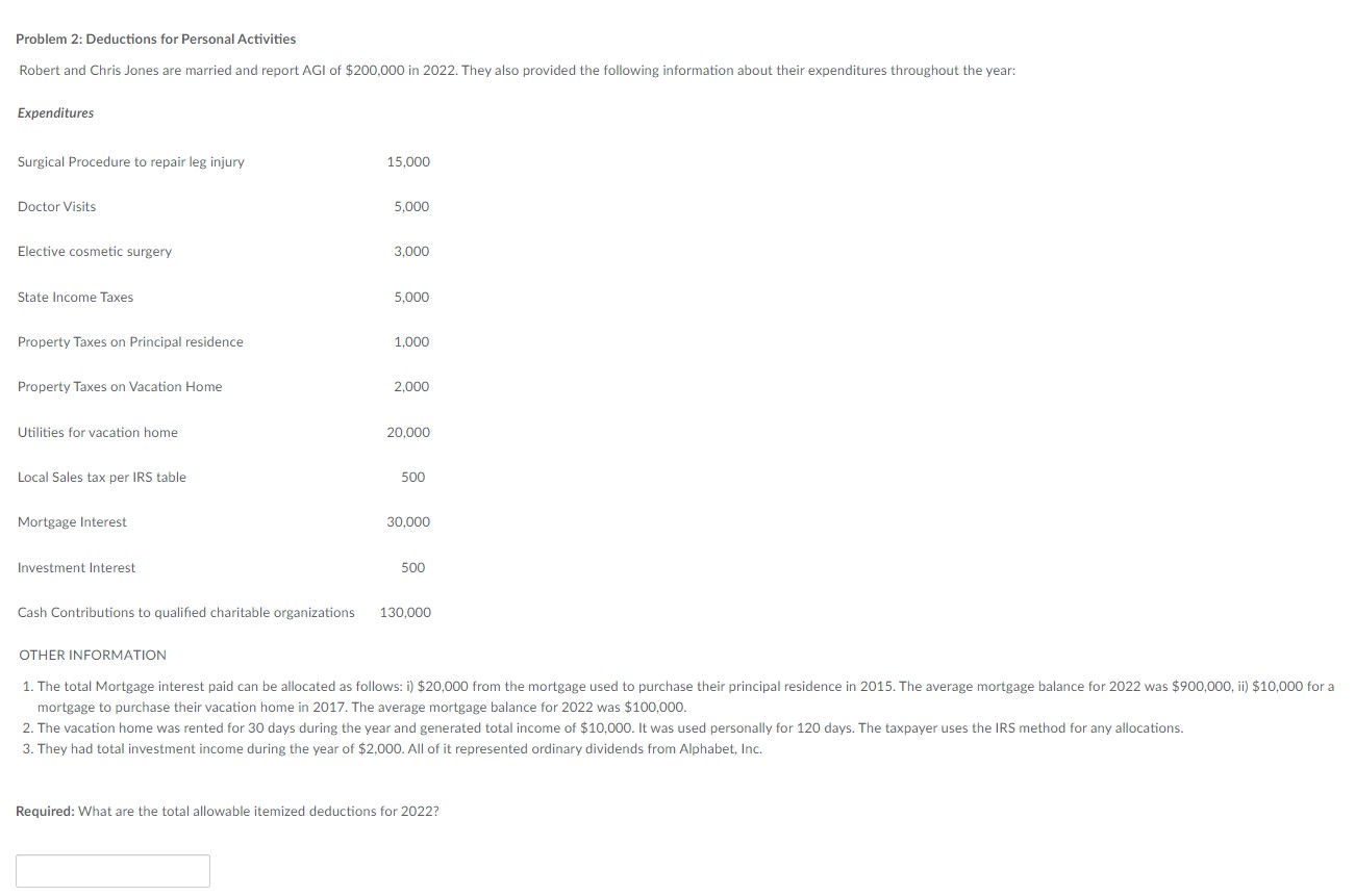  Problem 2: Deductions for Personal Activities Robert and Chris Jones are