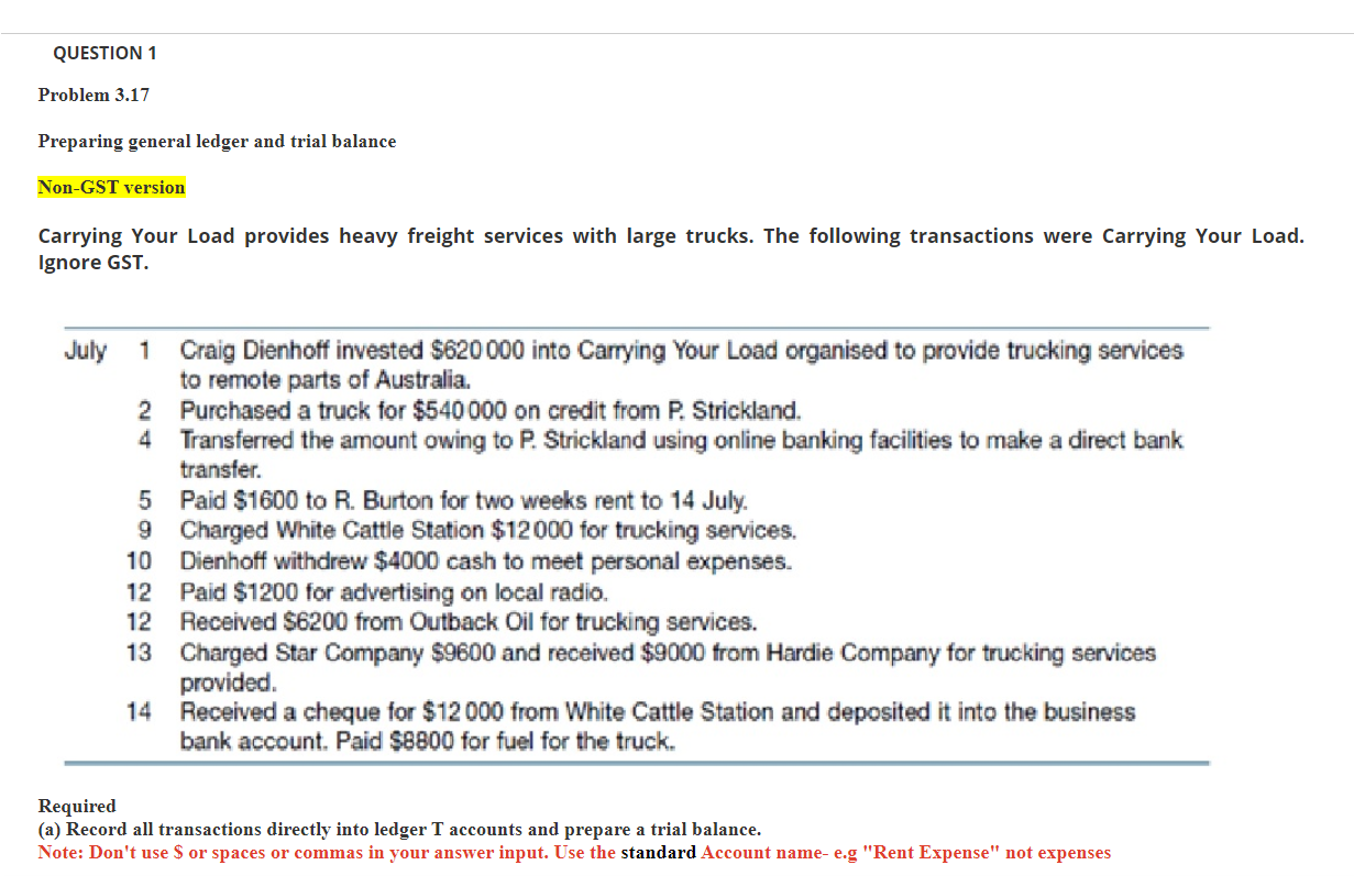  QUESTION 1 Problem 3.17 Preparing general ledger and trial balance Non-GST