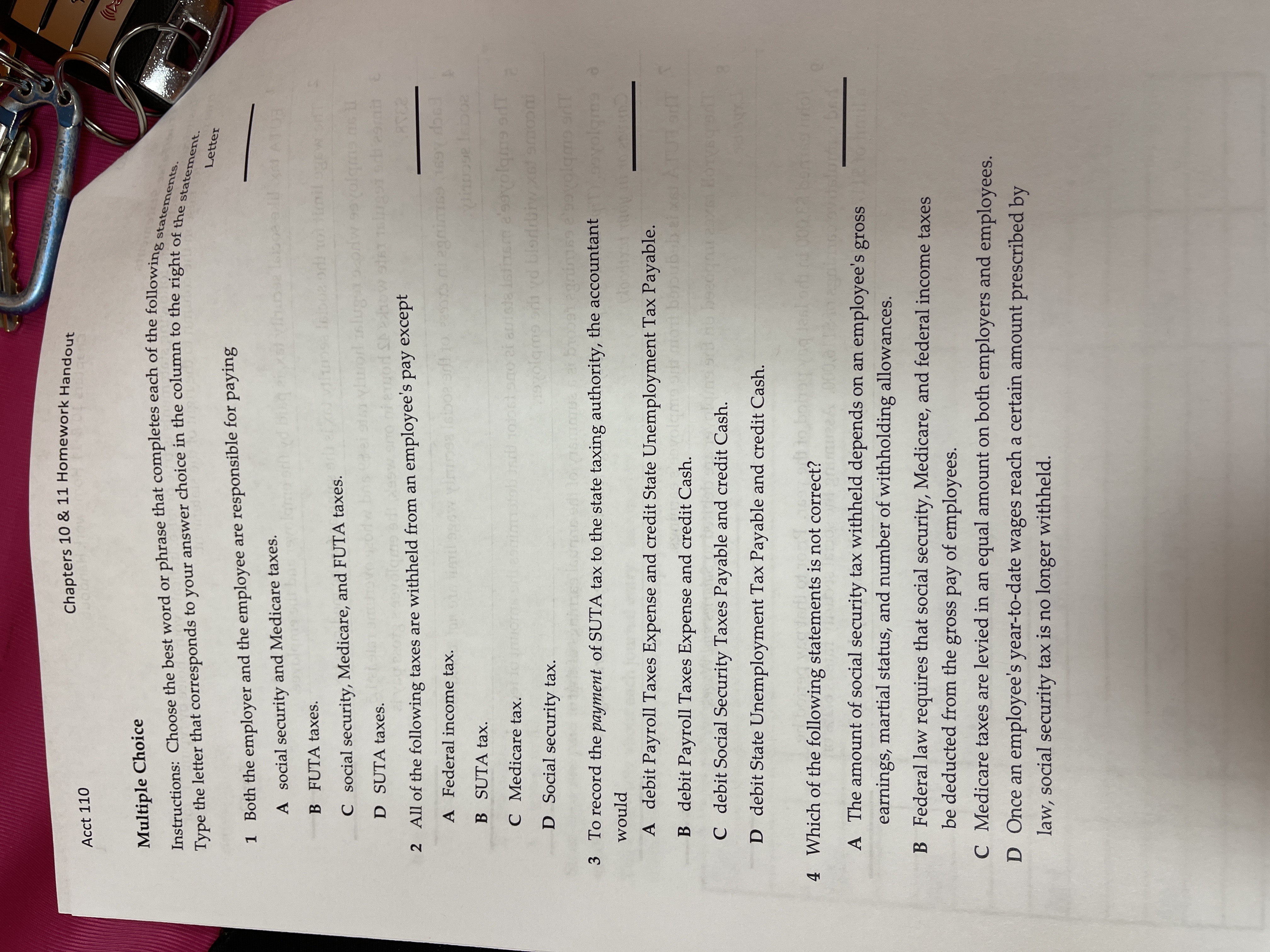 Chapters 10 & 11 Homework Handout Acct 110 Multiple Choice instructions: