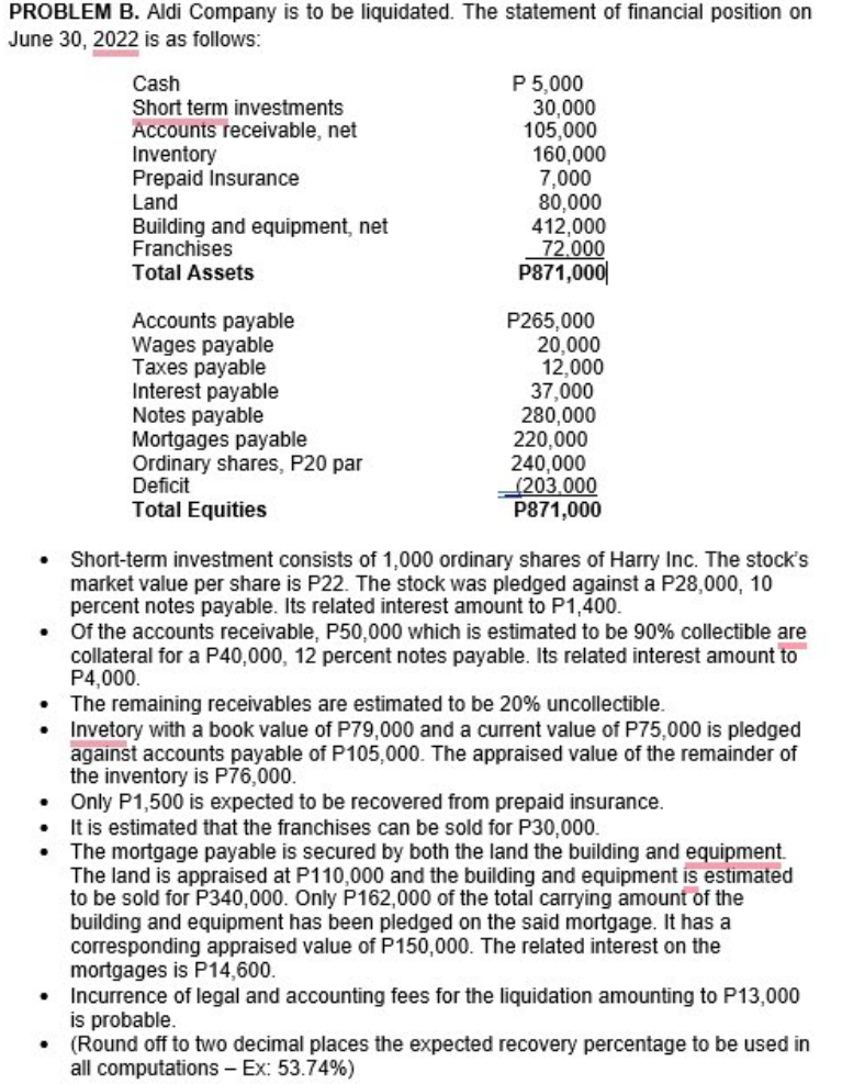 PROBLEM B. Aldi Company is to be liquidated. The statement of