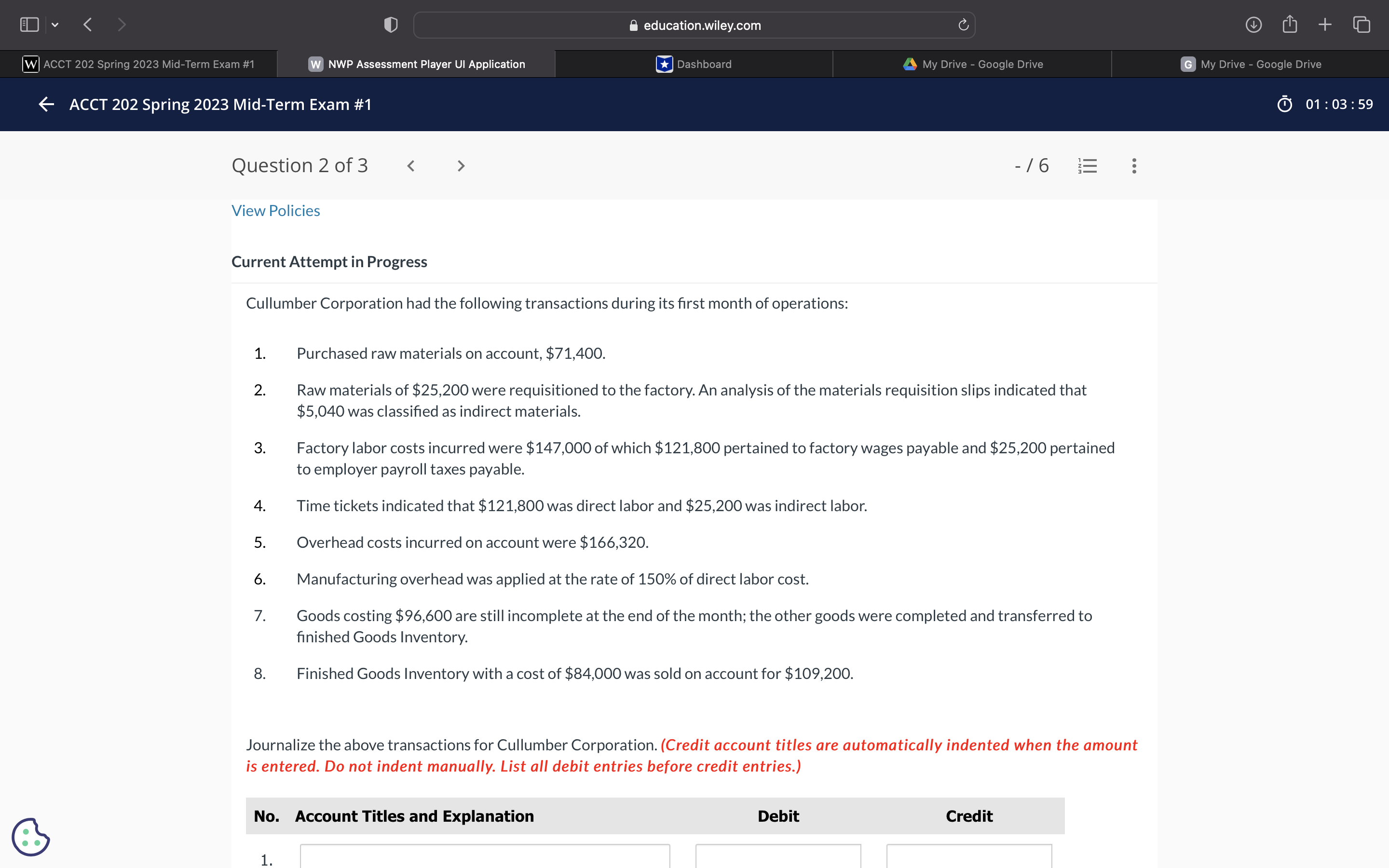  U B education.wiley.com NWP Assessment Player UI Application 0 01:03:59 Question
