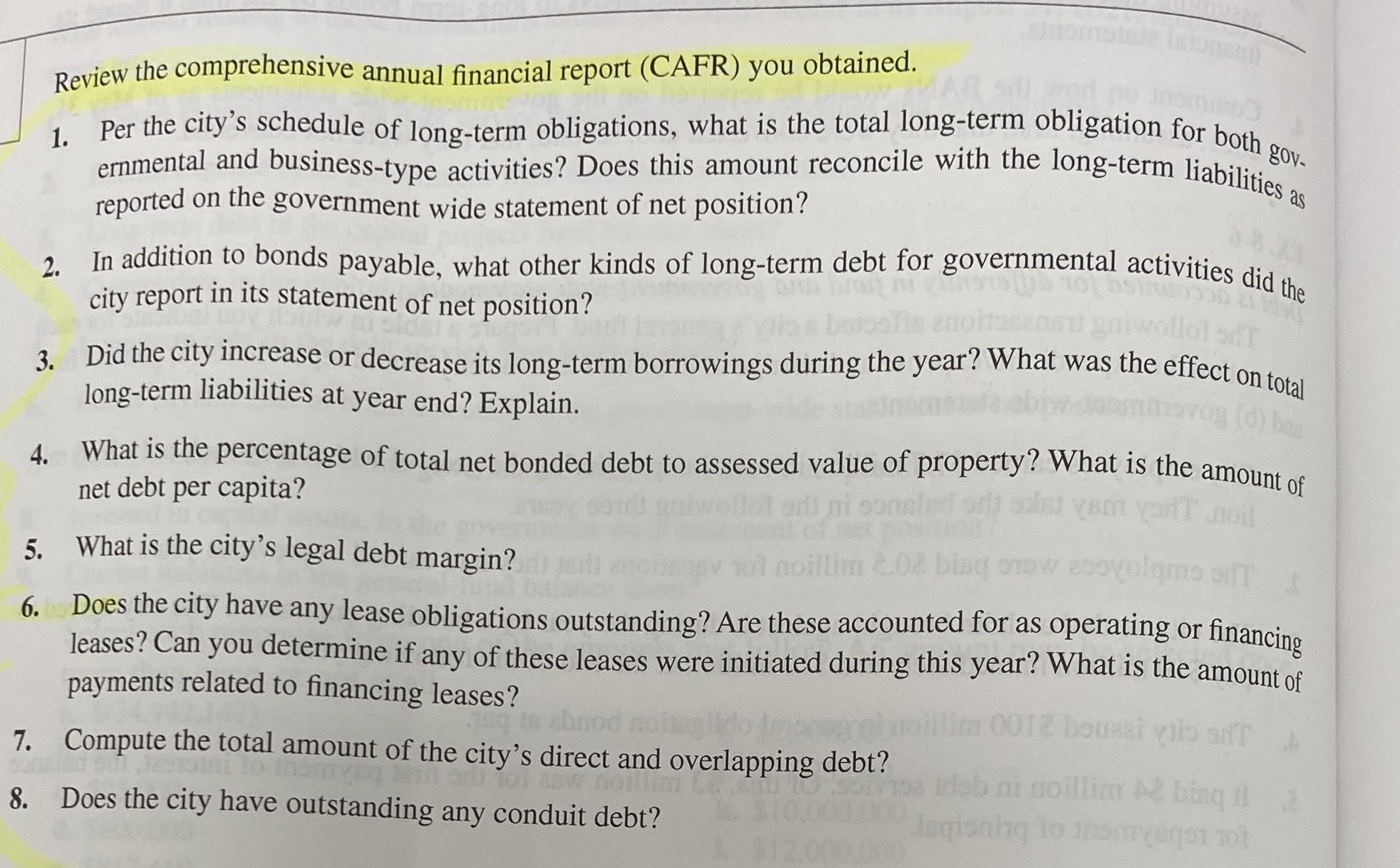 Is anyone able to help with these 8 problems? The cafr obtained