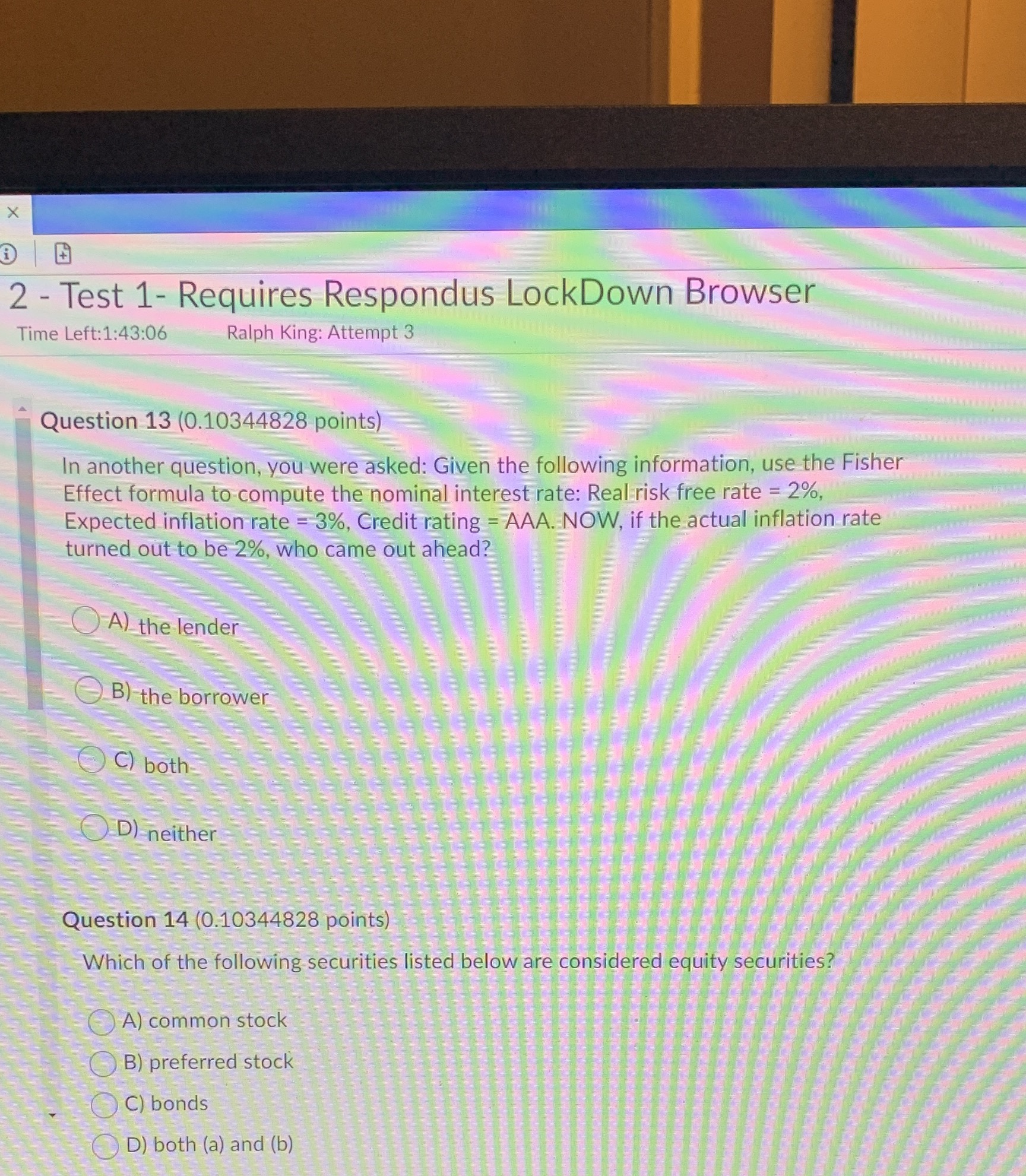 X 2 - Test 1- Requires Respondus LockDown Browser Time Left:1:43:06