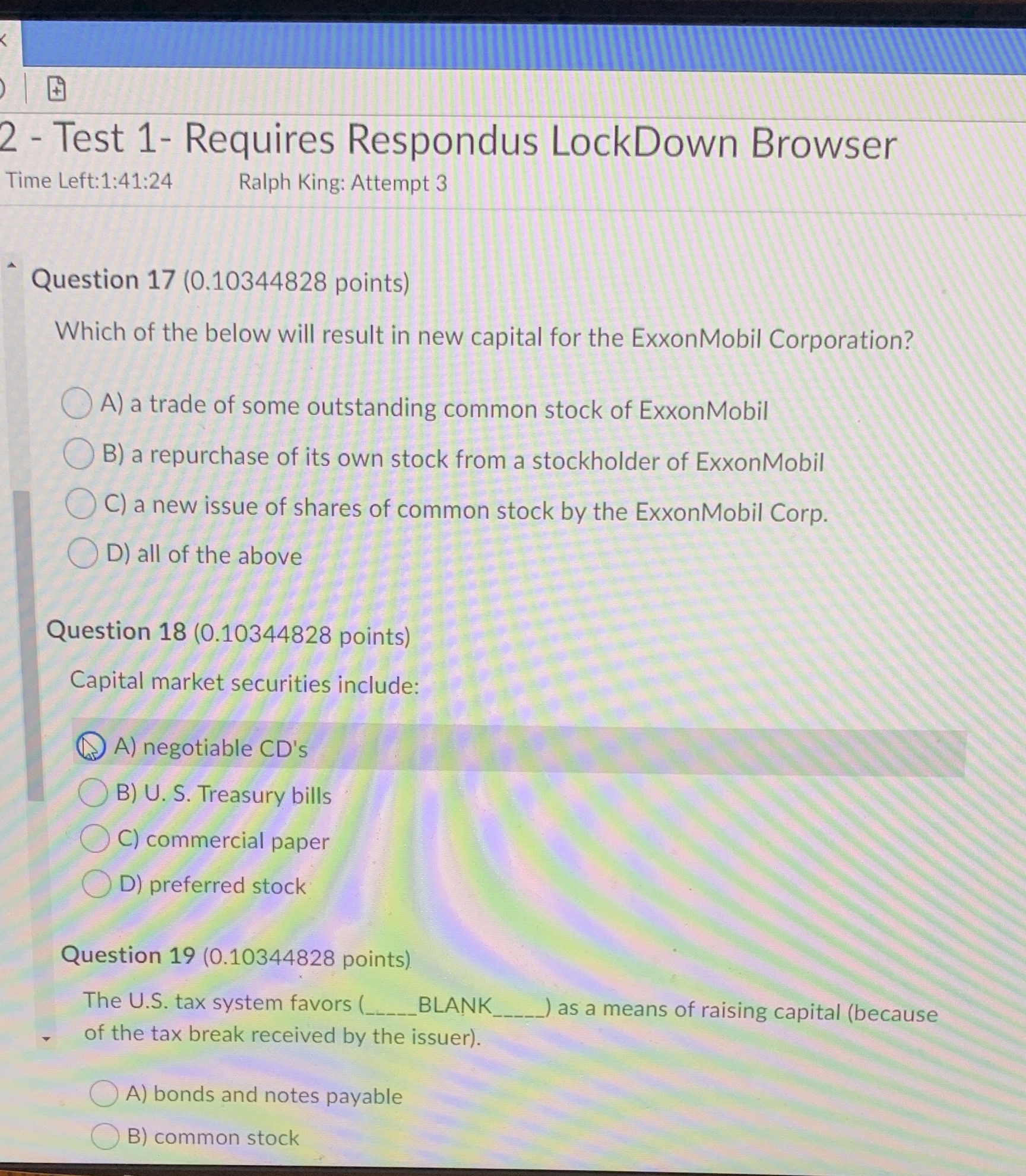 2 - Test 1- Requires Respondus LockDown Browser Time Left:1:41:24 Ralph
