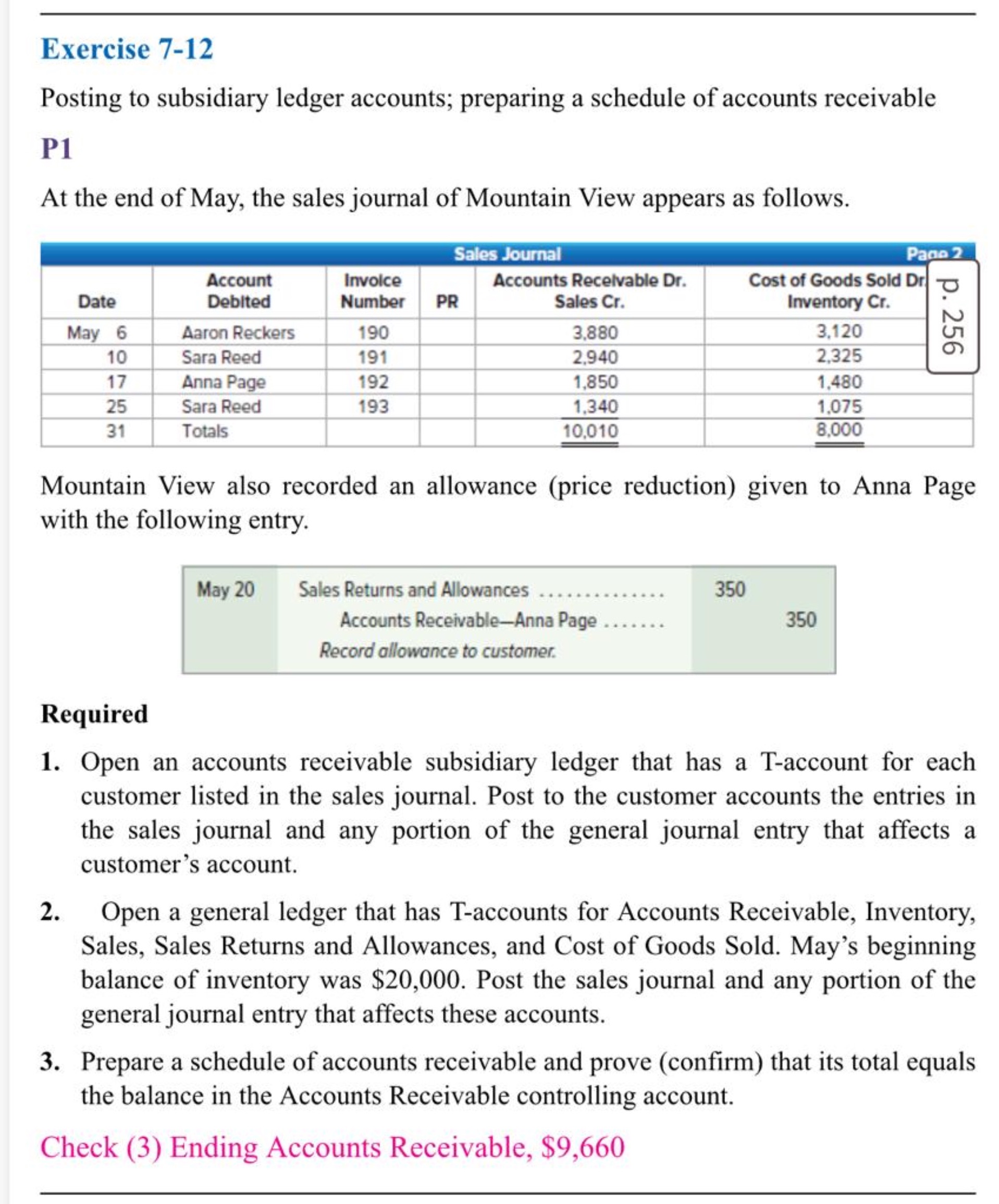 Exercise 7-12 Posting to subsidiary ledger accounts; preparing a schedule of