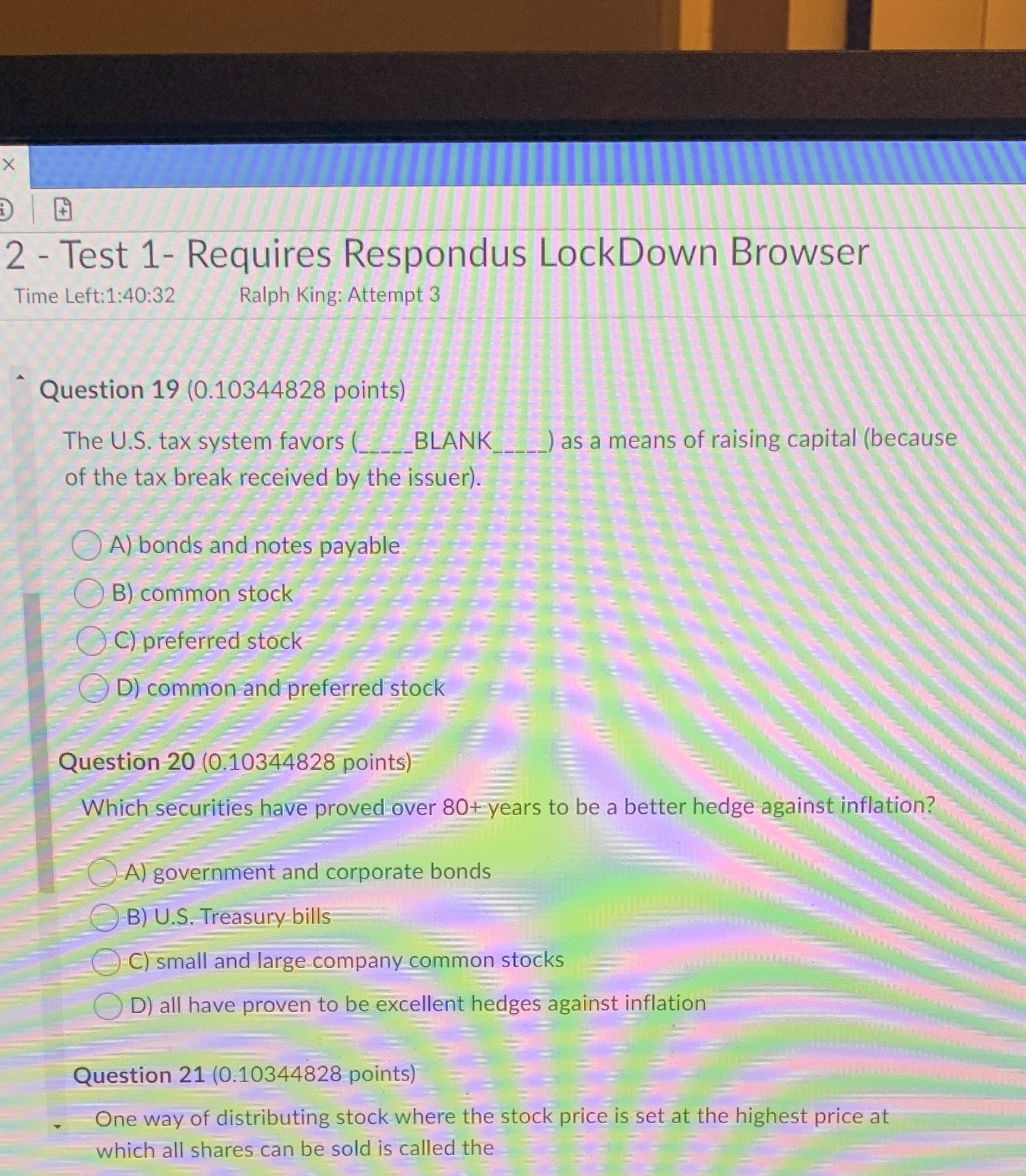  X 2 - Test 1- Requires Respondus LockDown Browser Time Left:1:40:32