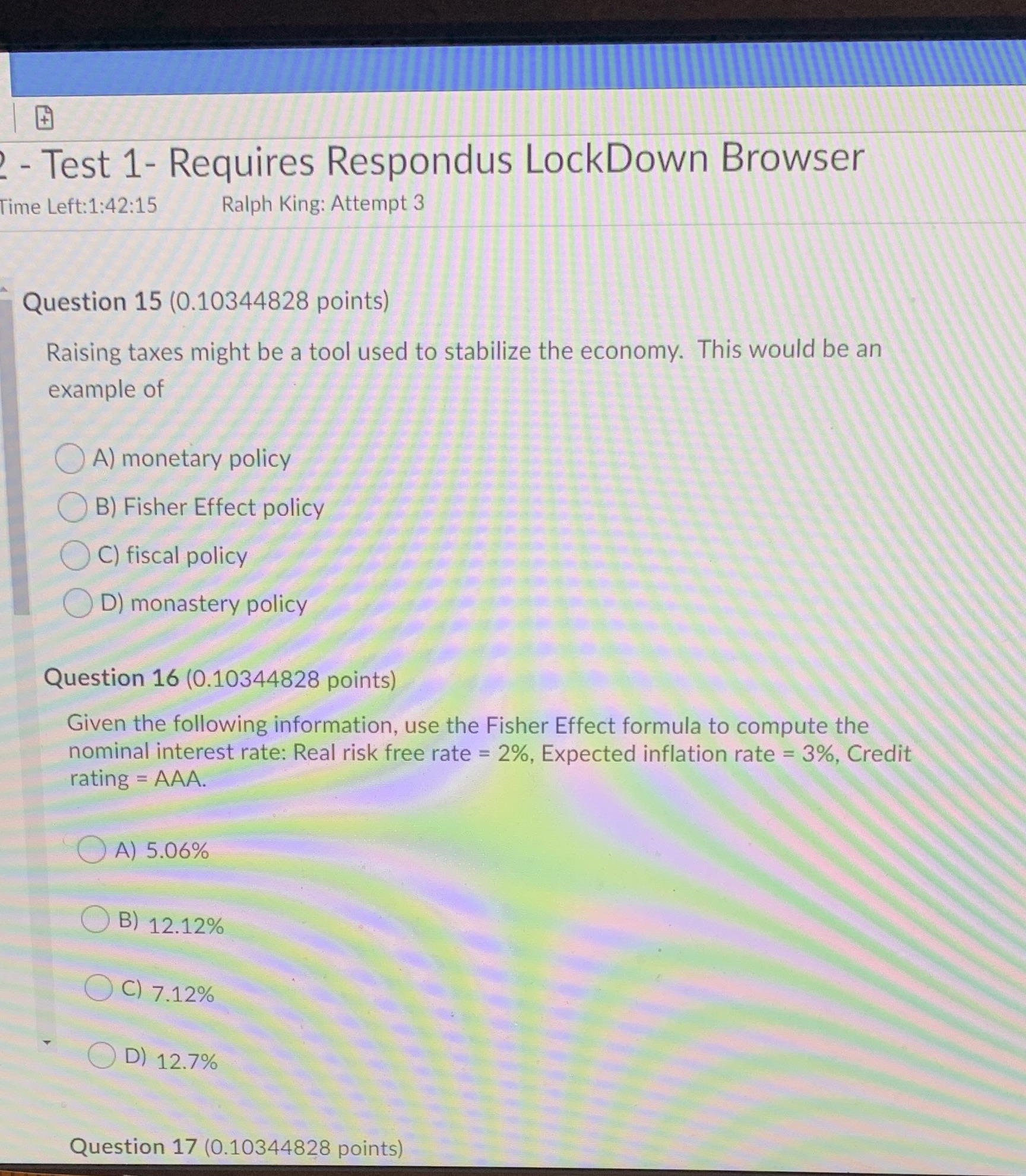  - Test 1- Requires Respondus LockDown Browser Time Left:1:42:15 Ralph King: