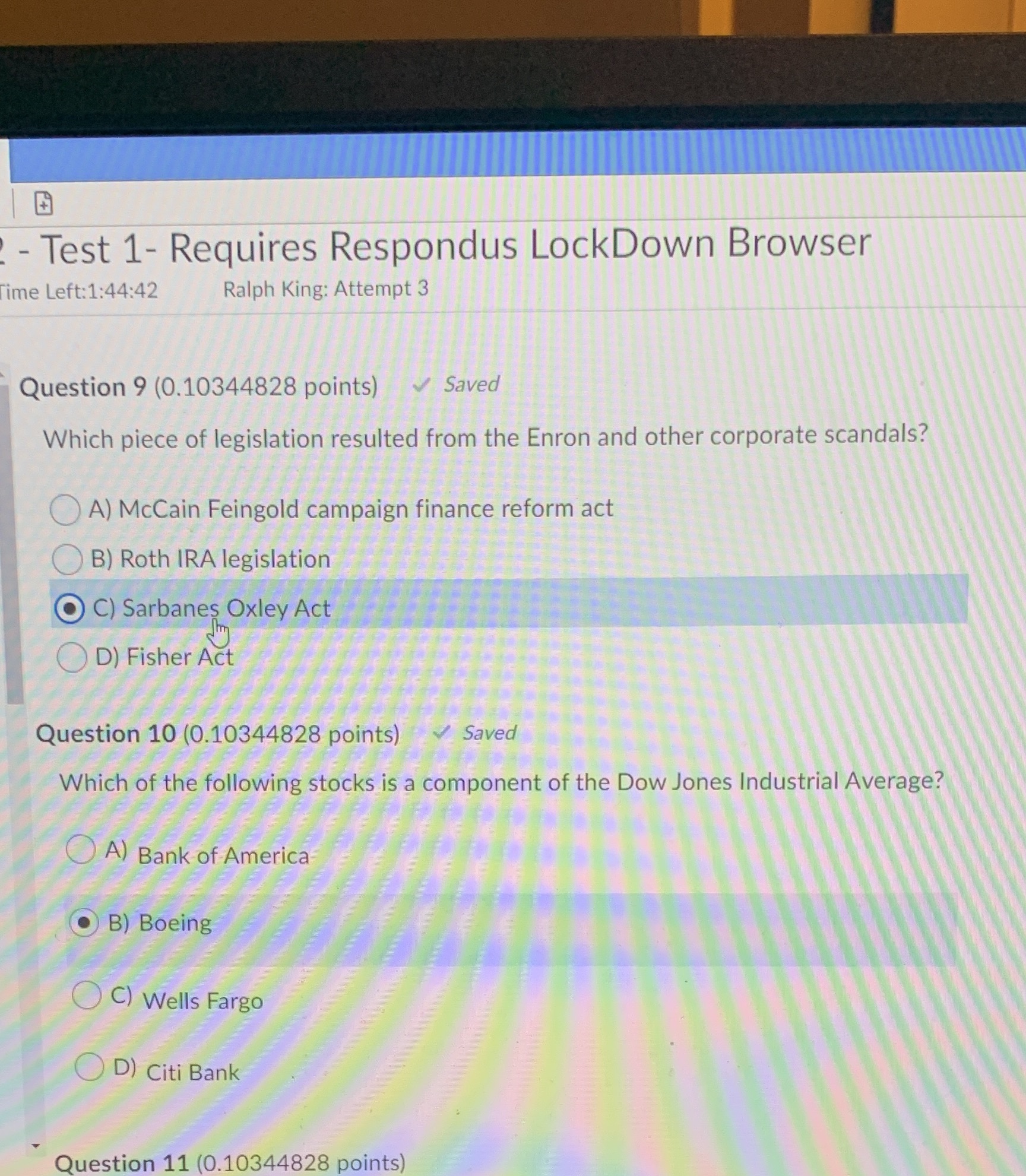  - Test 1- Requires Respondus LockDown Browser Time Left:1:44:42 Ralph King: