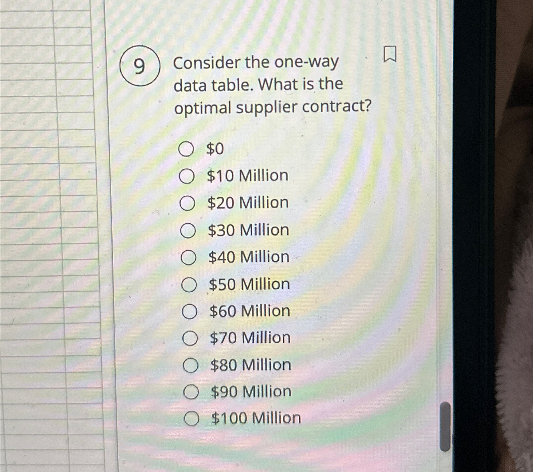  9 Consider the one-way data table. What is the optimal supplier
