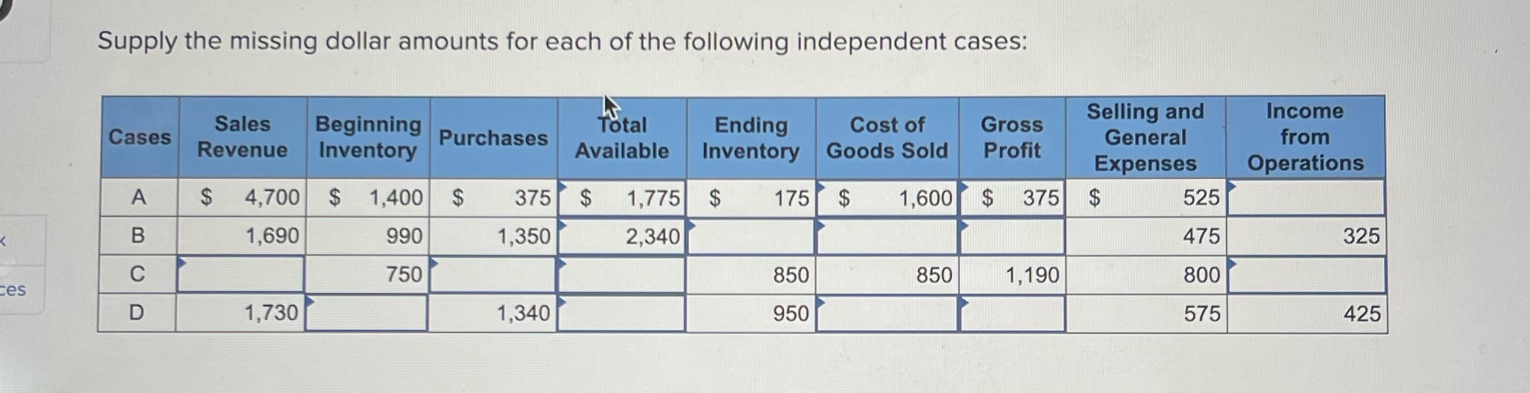 please help and explain how you found each missing spot Supply the