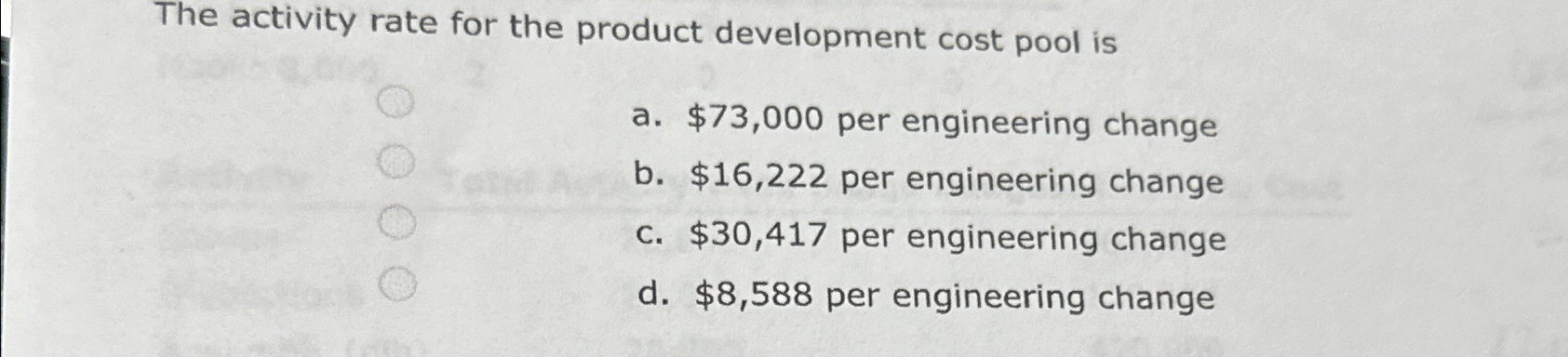  The activity rate for the product development cost pool is a.