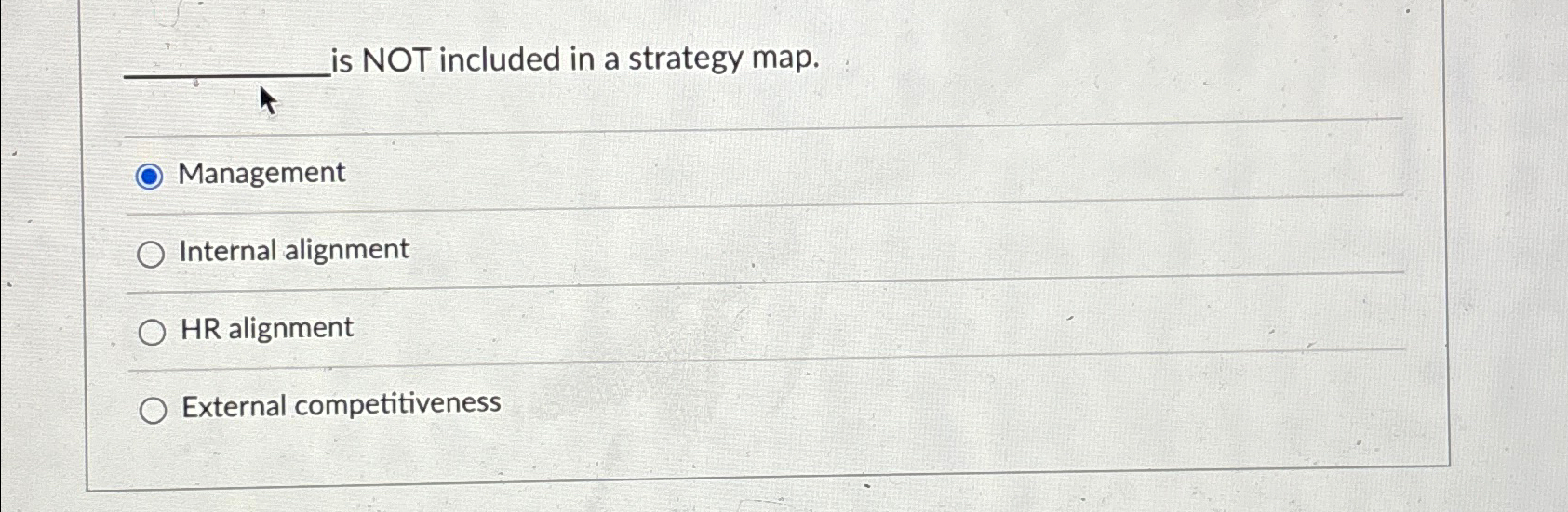  is NOT included in a strategy map. Management Internal alignment HR