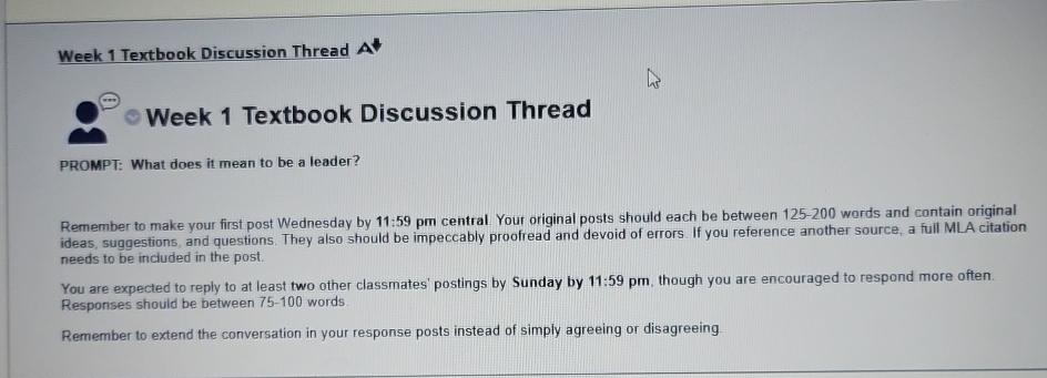  Week 1 Textbook Discussion Thread Week 1 Textbook Discussion Thread PROMPT: