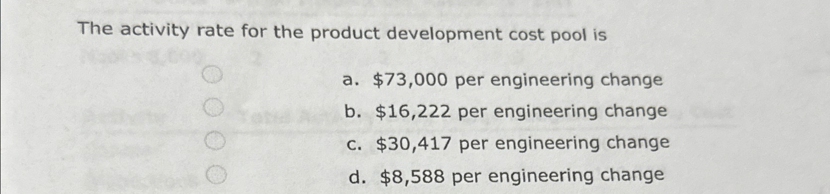  The activity rate for the product development cost pool is a.