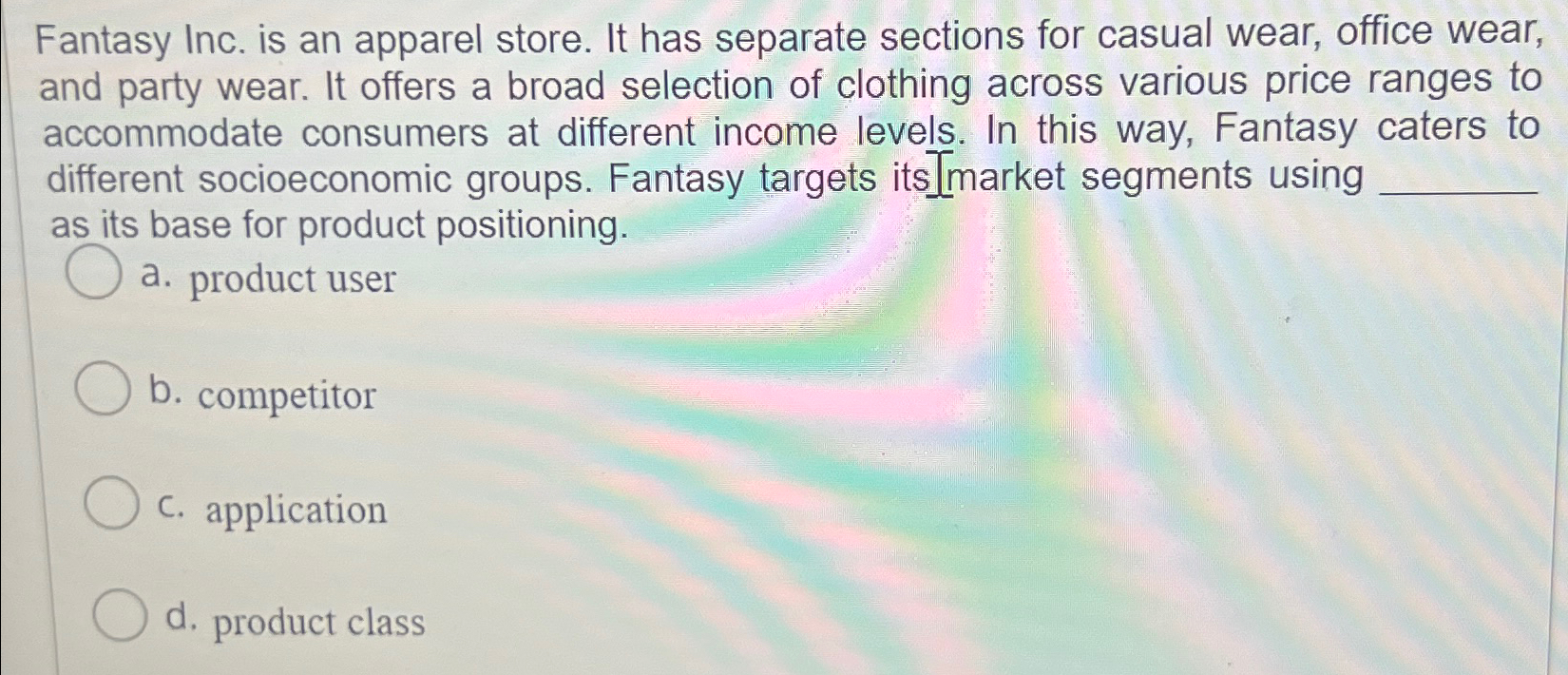  Fantasy Inc. is an apparel store. It has separate sections for