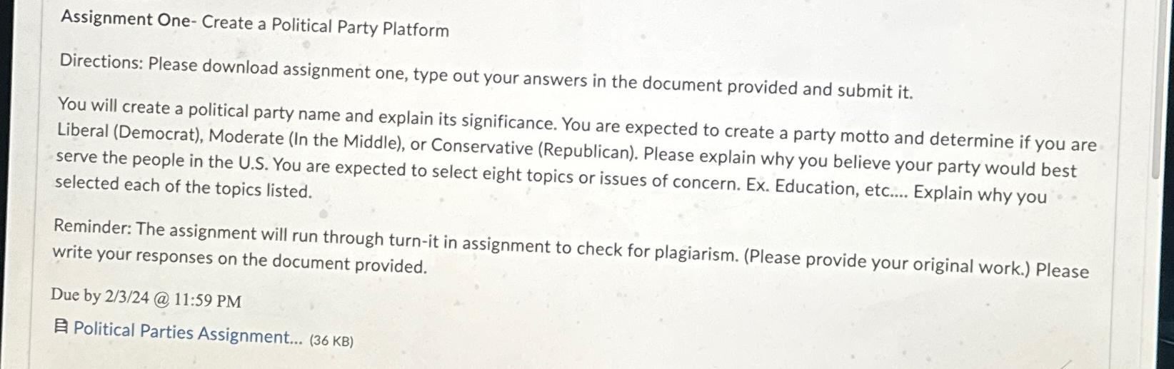  Assignment One- Create a Political Party Platform Directions: Please download assignment