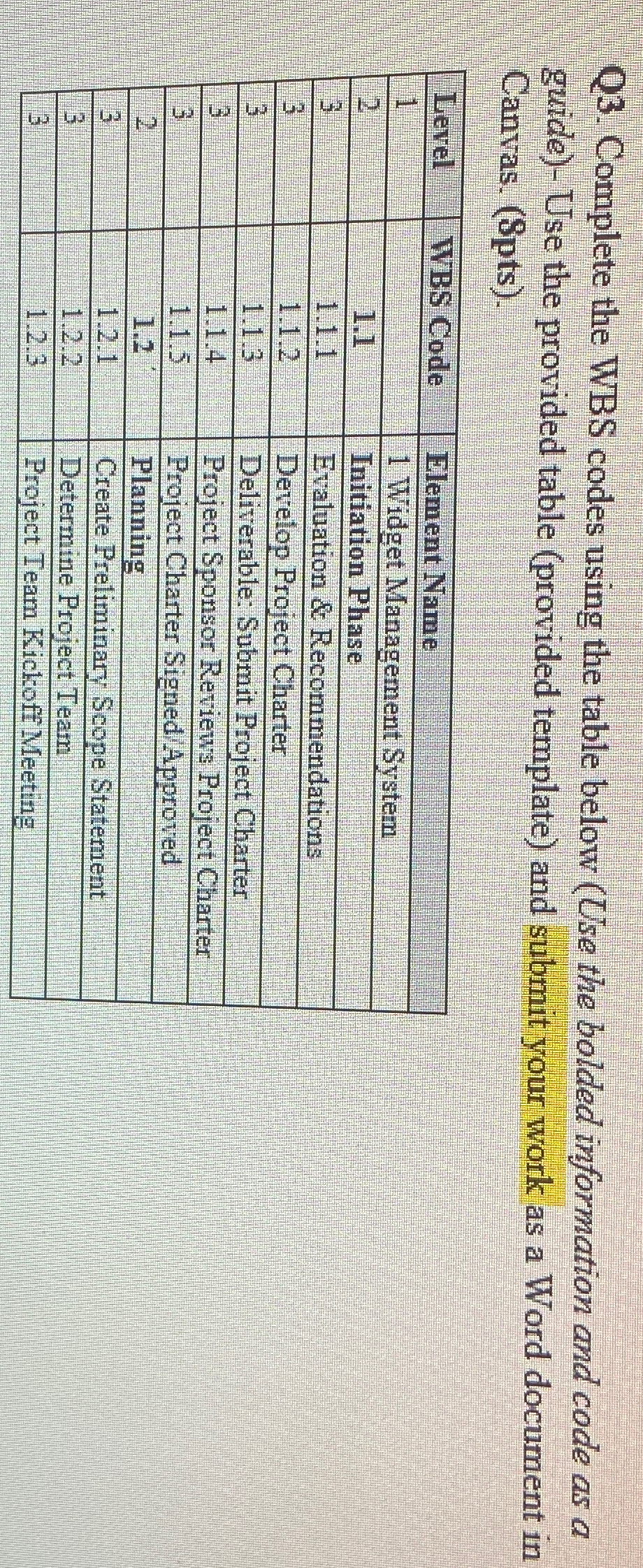  Q3. Complete the WBS codes using the table below (Use the