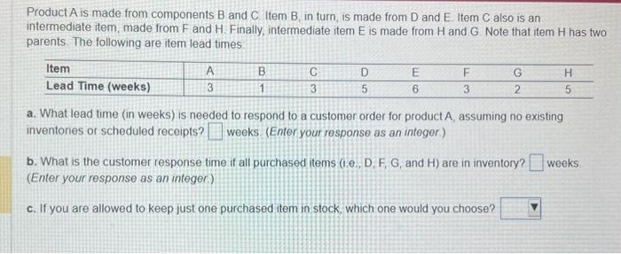  Product A is made from components B and C. Item B,