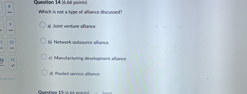  6 Question 14(6.66 points) Which is not a type of alliance