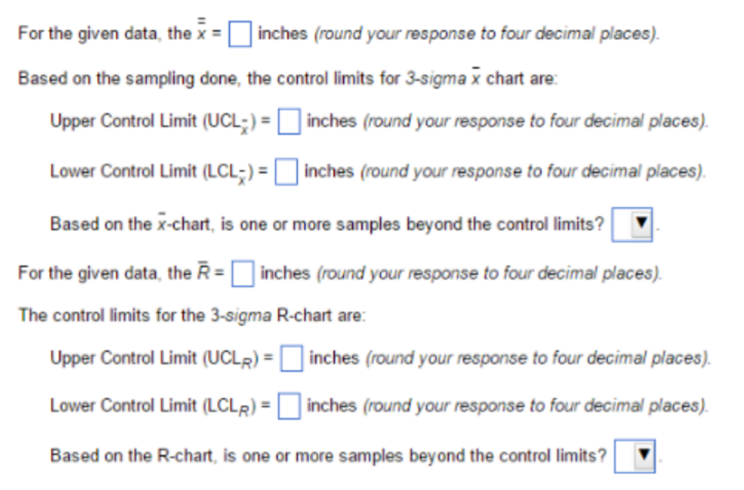 Sample & SampleMean(in.) & Range (in.) & Sample & Sample Mean (in.)